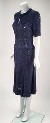 Navy Blue Silk Ribbon Knit Knee Length Dress and Belt, 1940s