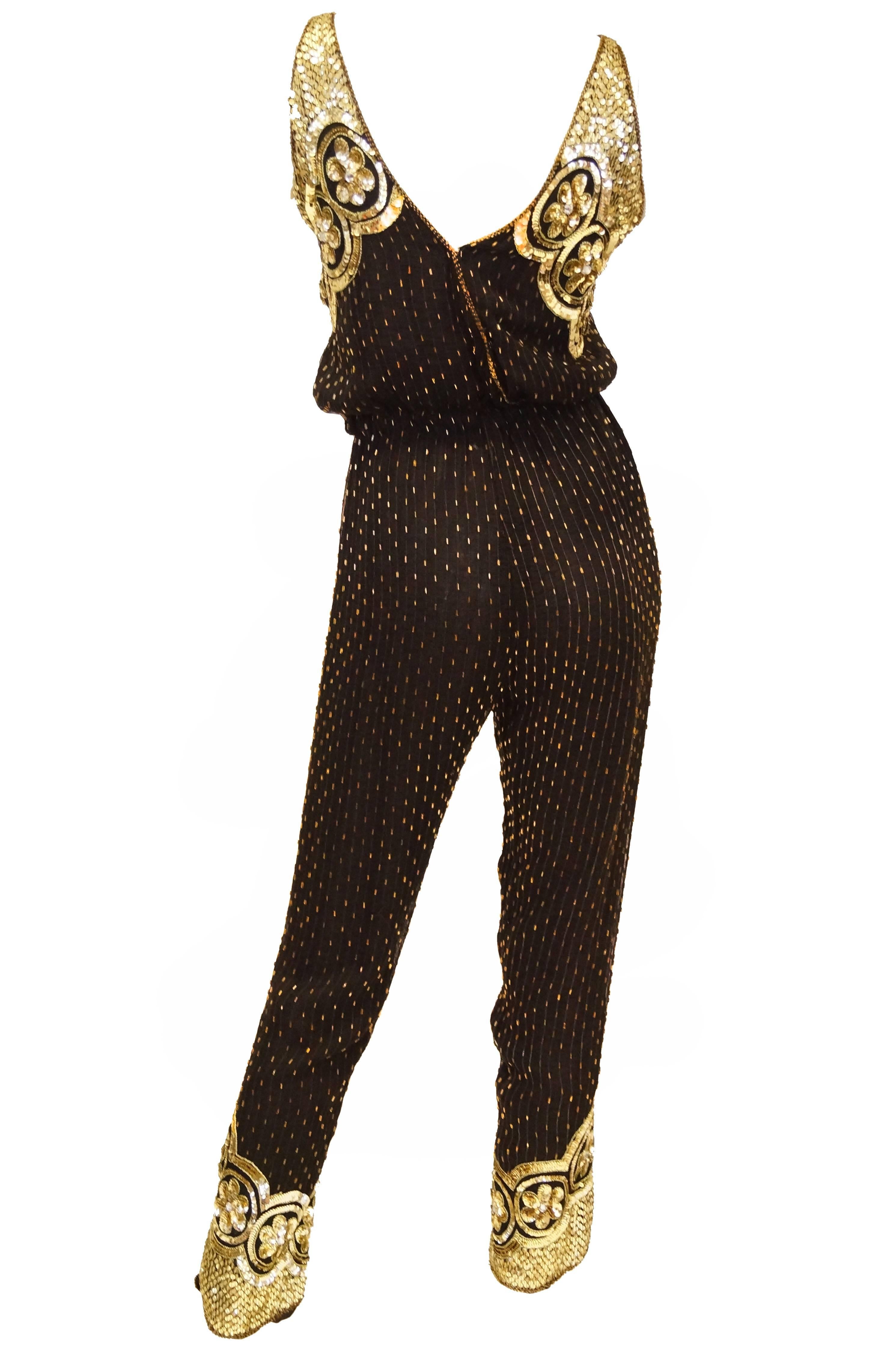 Women's Black Silk Vintage Gold Beaded Jumpsuit For Sale