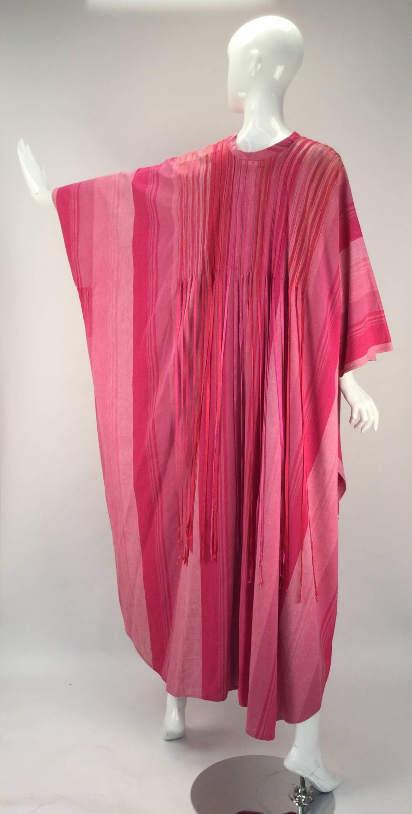 Josefa Multi Pink Striped Mexican Kaftan with Ribbon Trim, 1970s  In Good Condition In Houston, TX