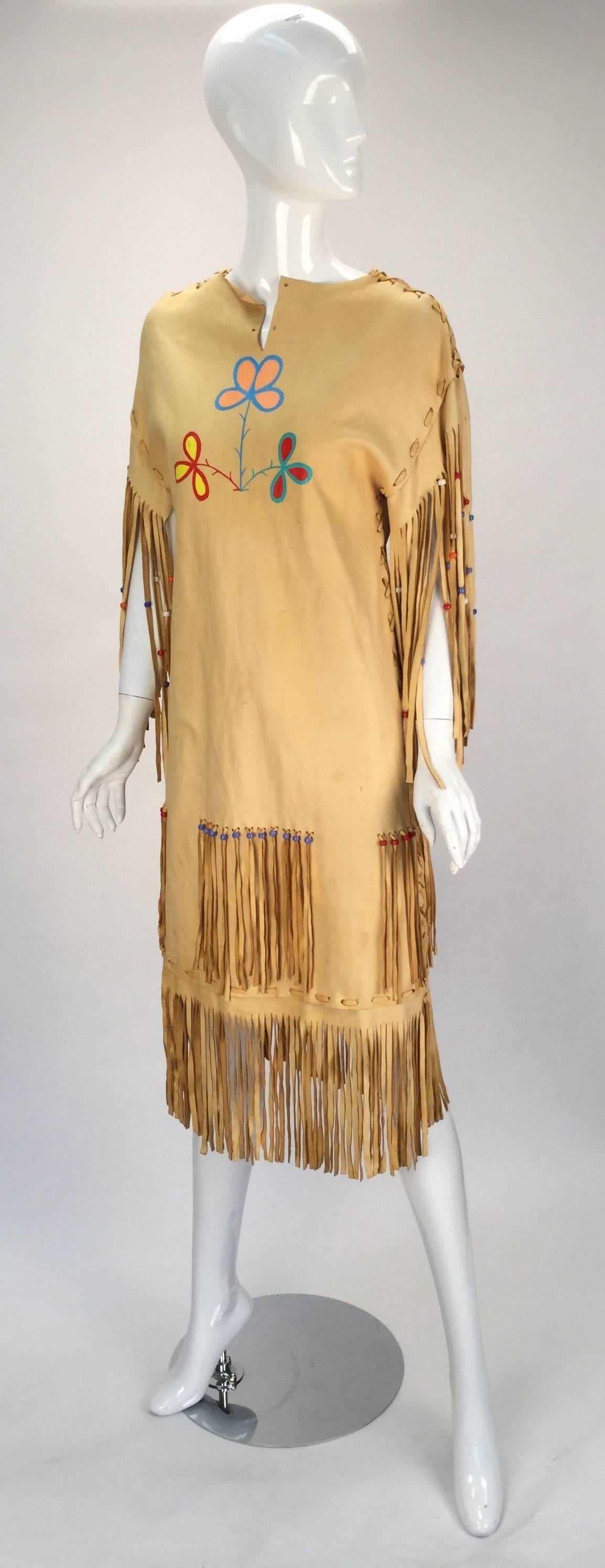 Orange 1970s Native American Style Leather Handmade/painted Fringe Dress