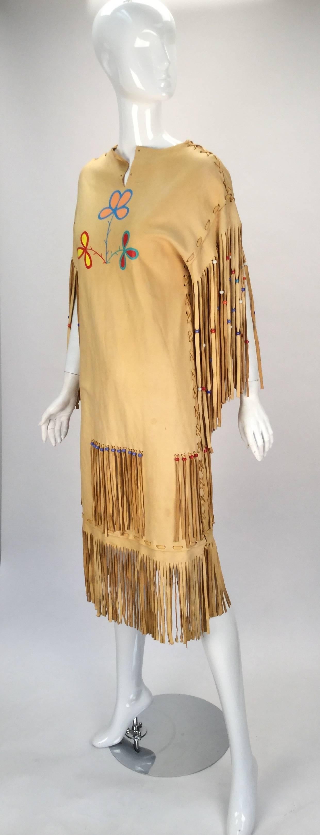 1970s Native American Style Leather Handmade/painted Fringe Dress 1