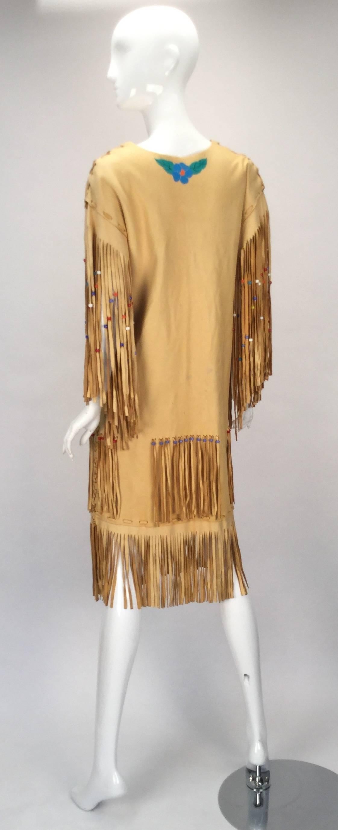 1970s Native American Style Leather Handmade/painted Fringe Dress 2