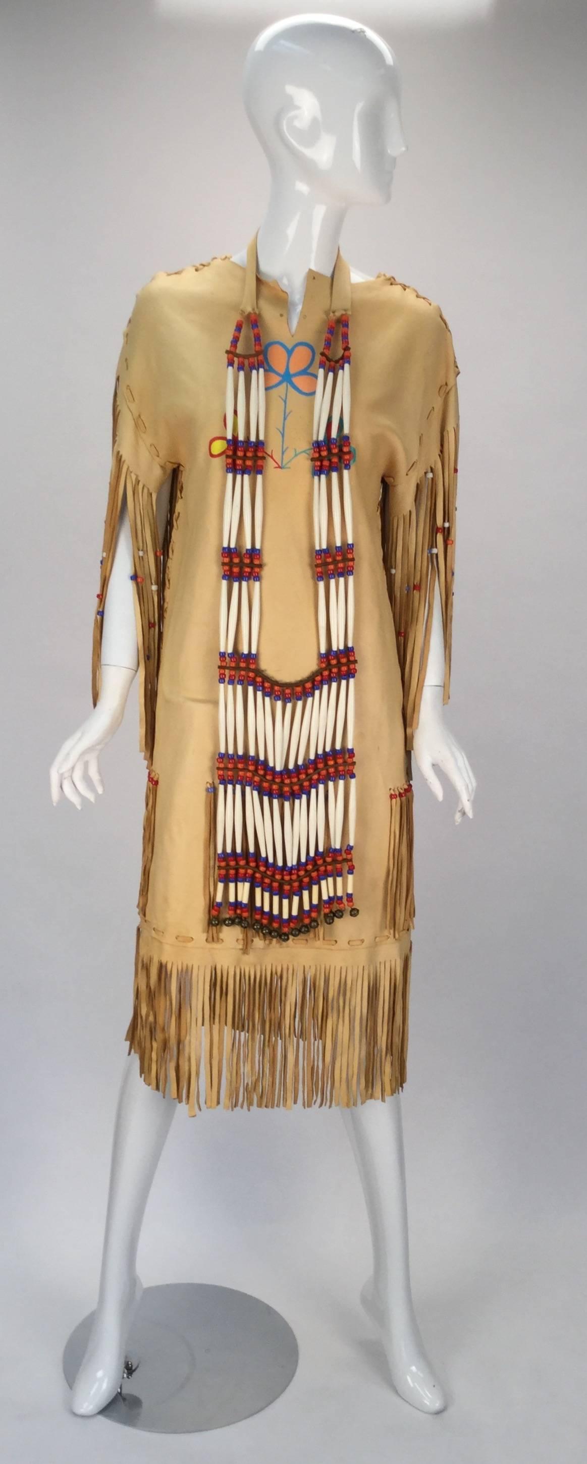 1970s Native American Style Leather Handmade/painted Fringe Dress 3