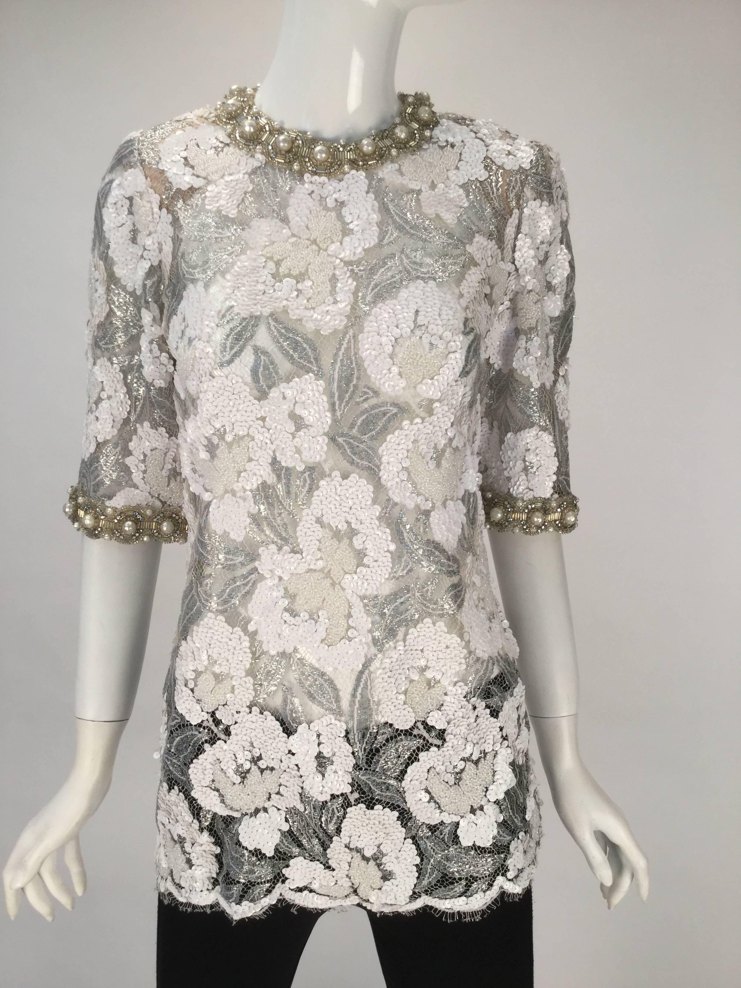Beautiful 1970s Adolfo Silver and White Sequin and Beaded Lace Top 1
