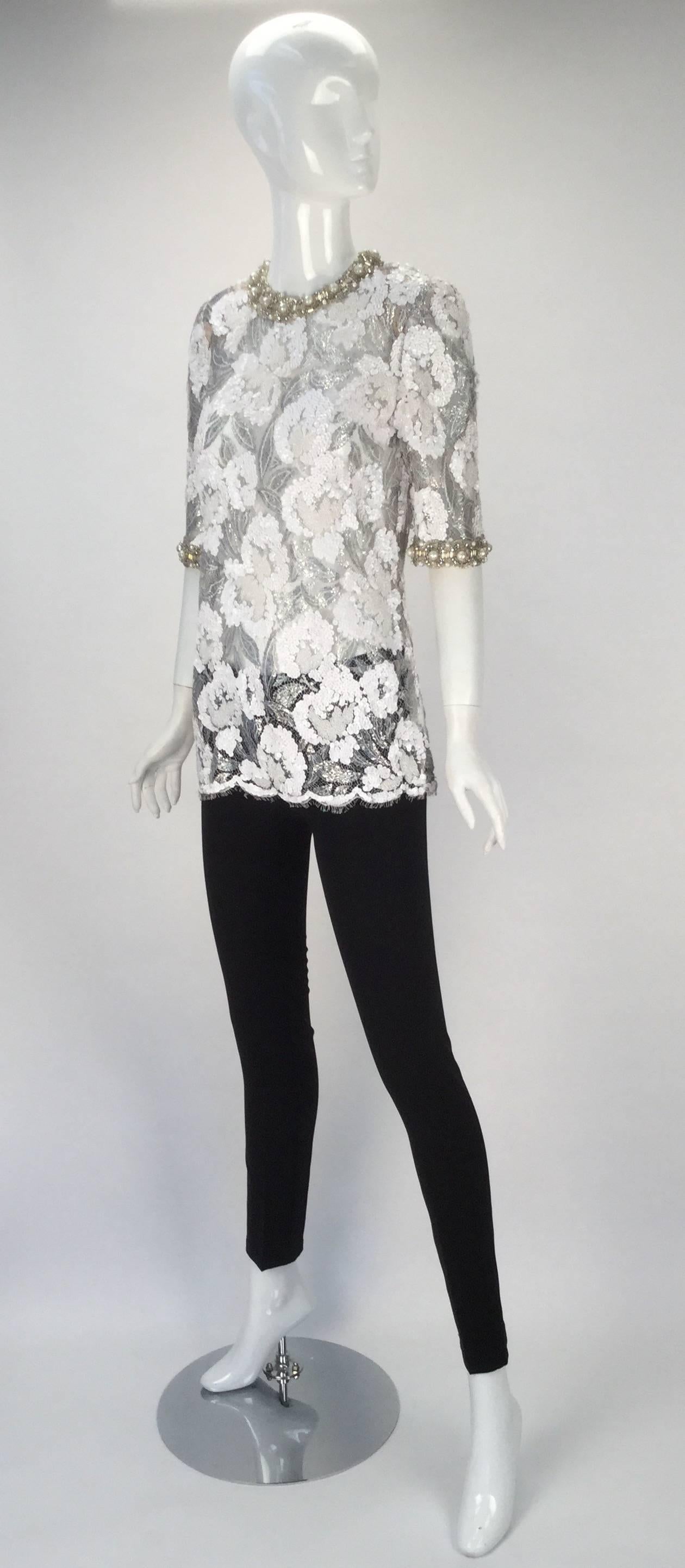 Beautiful 1970s Adolfo Silver and White Sequin and Beaded Lace Top 3