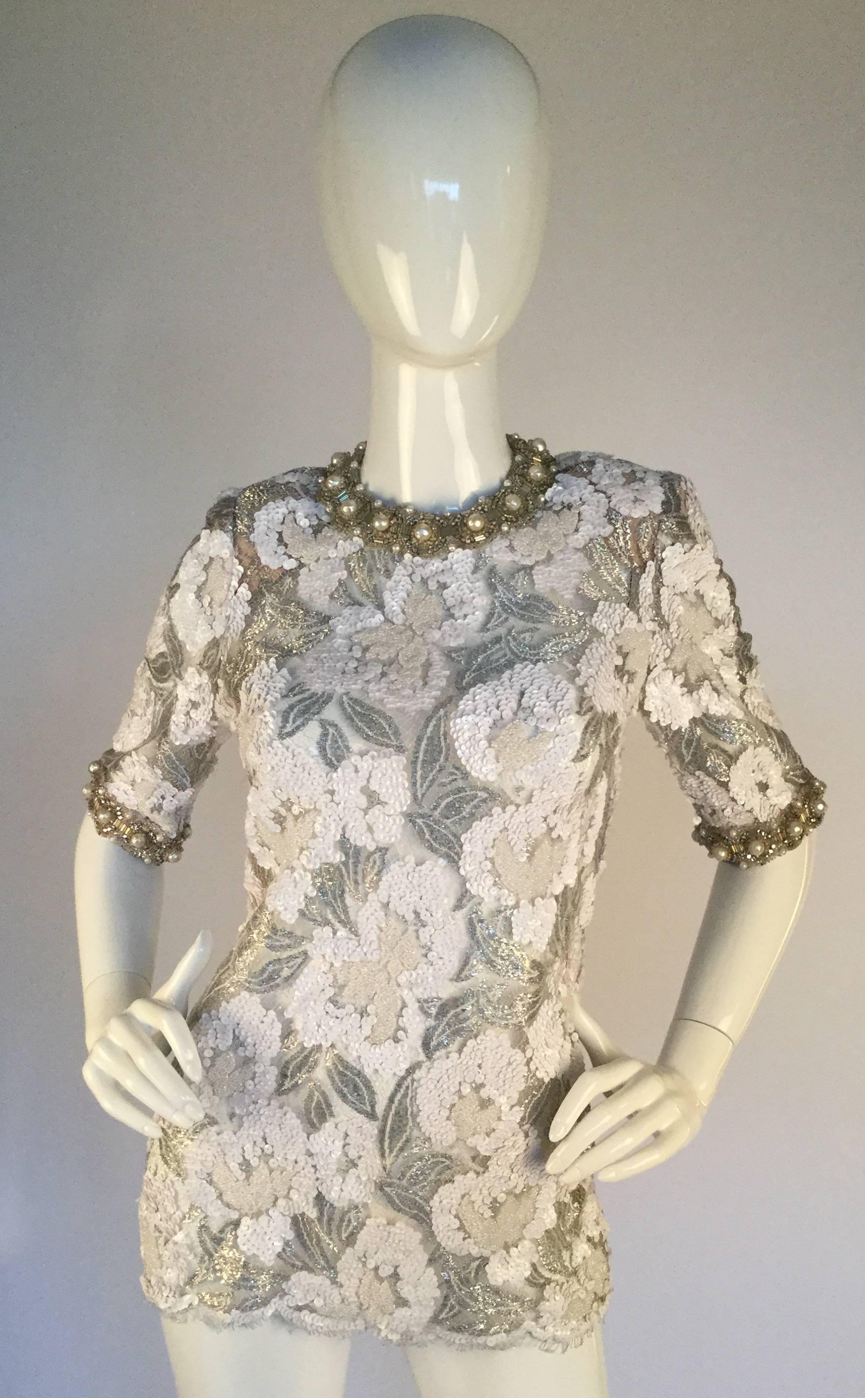 Beautiful 1970s Adolfo Silver and White Sequin and Beaded Lace Top In Excellent Condition In Houston, TX