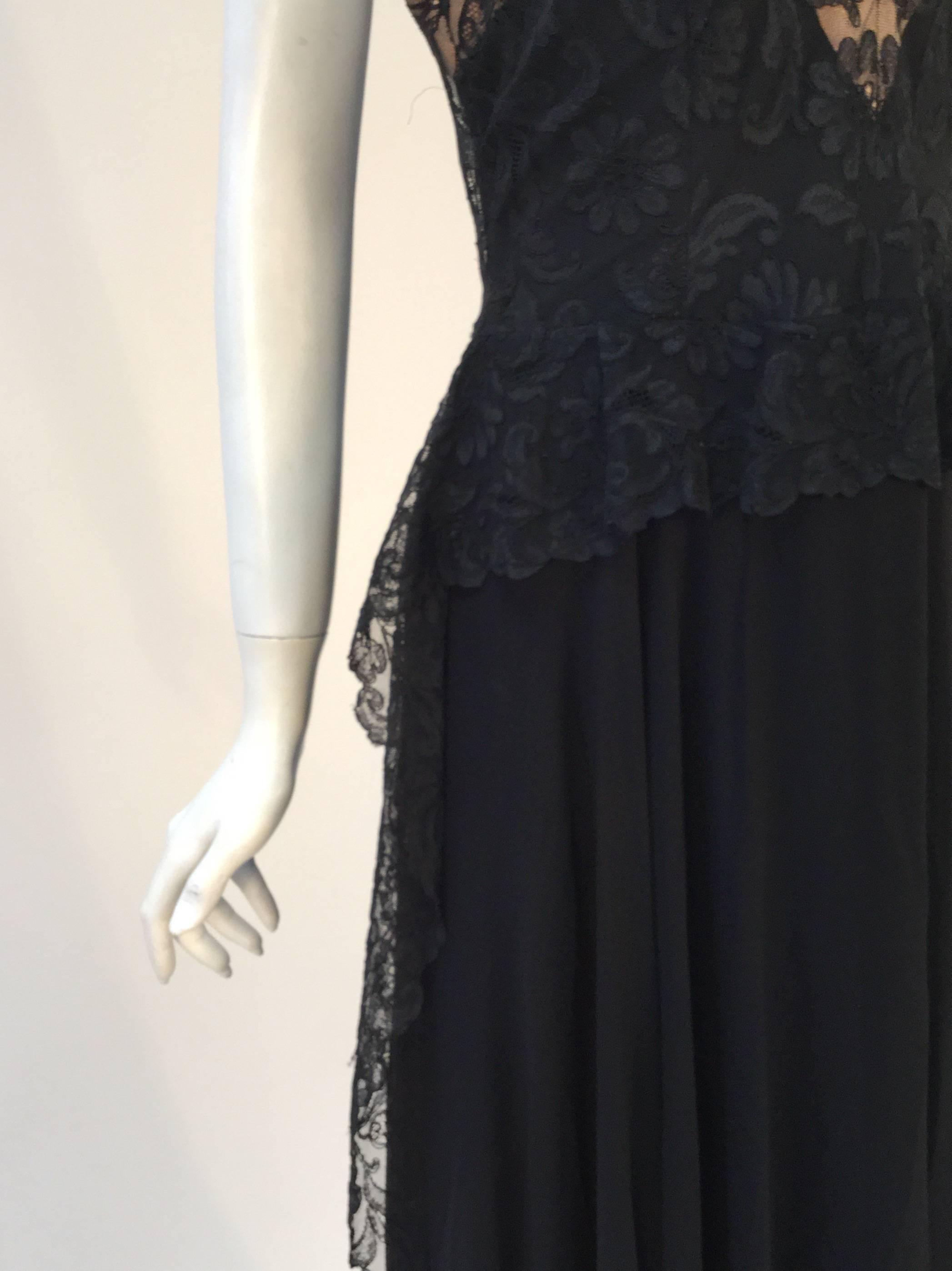 Women's 1940s Black Silk Evening Dress with Lace Overlay For Sale