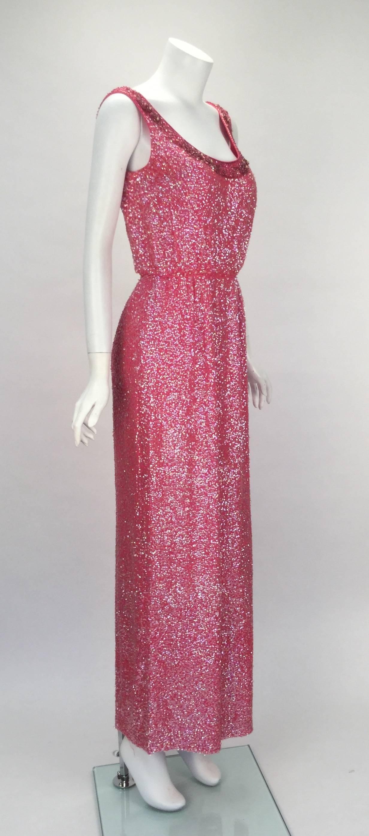 1960s Pink Silk Beaded Sequin Evening Dress In Excellent Condition In Houston, TX