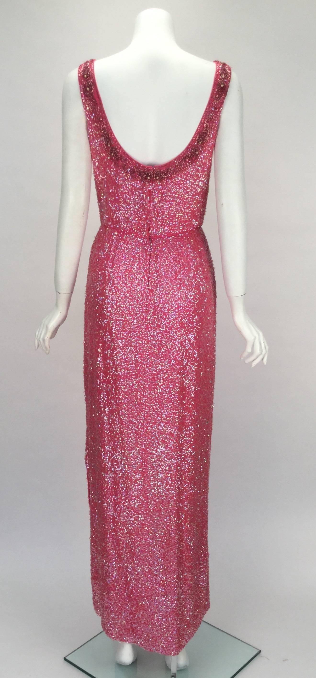 Women's 1960s Pink Silk Beaded Sequin Evening Dress