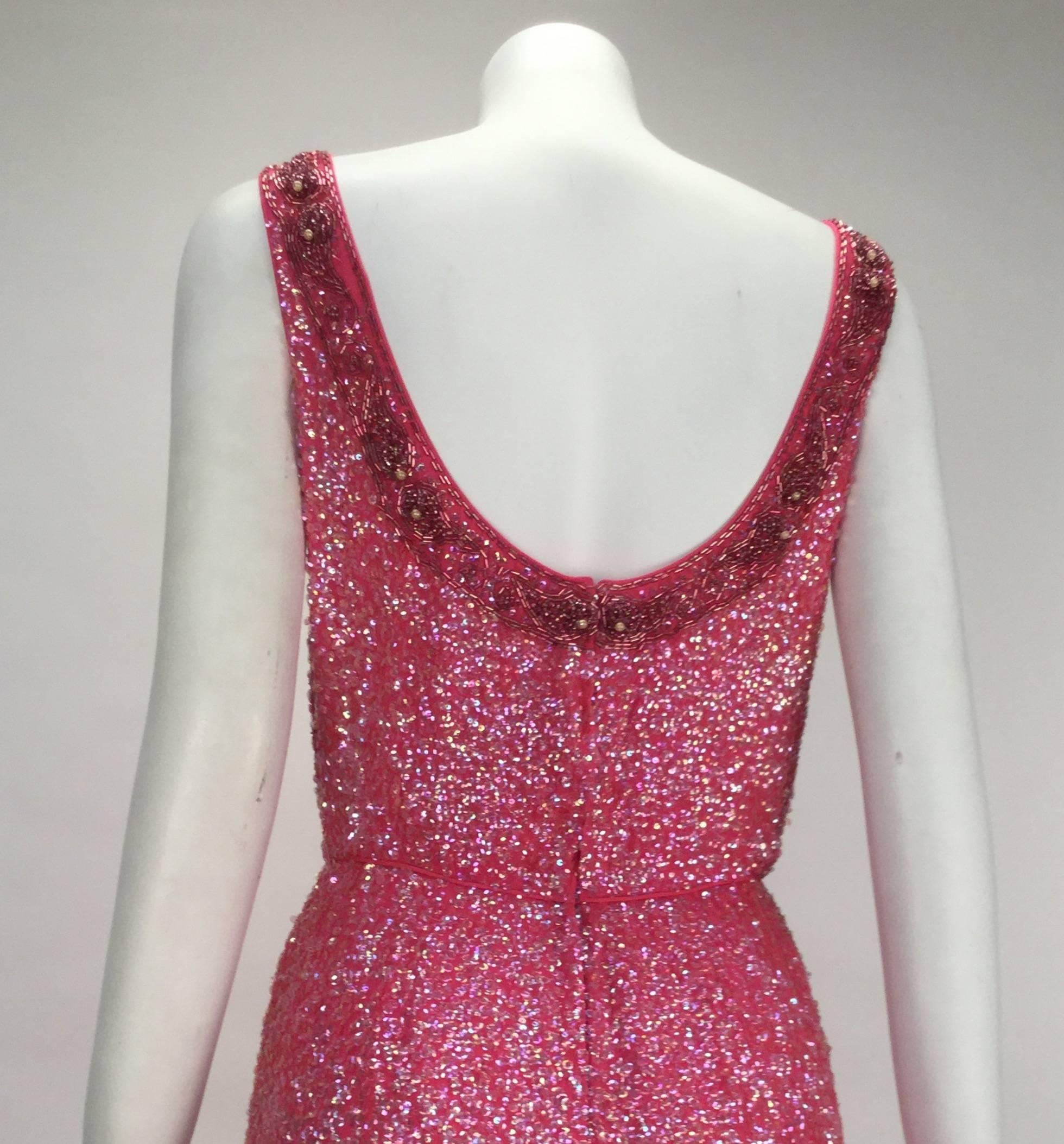 1960s Pink Silk Beaded Sequin Evening Dress 1
