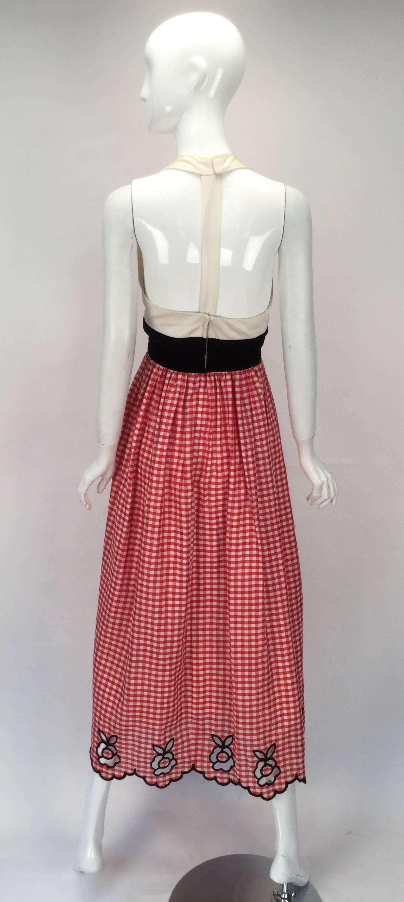 Pink 1970s Custom Halter Dress with Gingham Print Skirt  For Sale