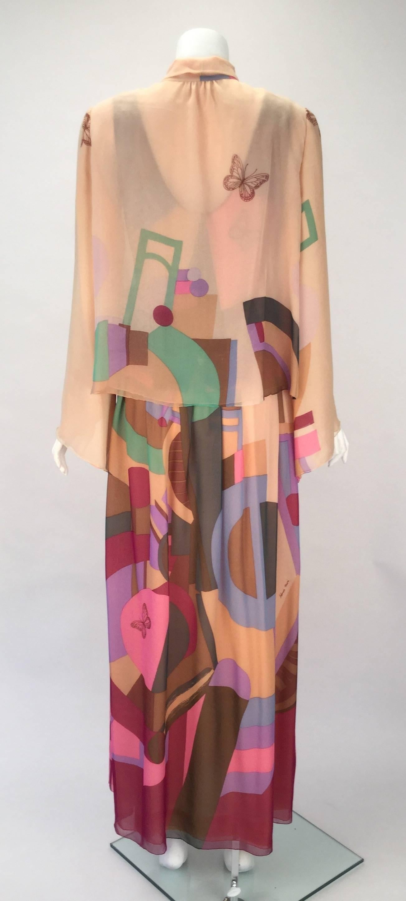 80s Hanae Mori Silk Multicolored Butterfly Print Three Piece Skirt Ensemble In Good Condition For Sale In Houston, TX