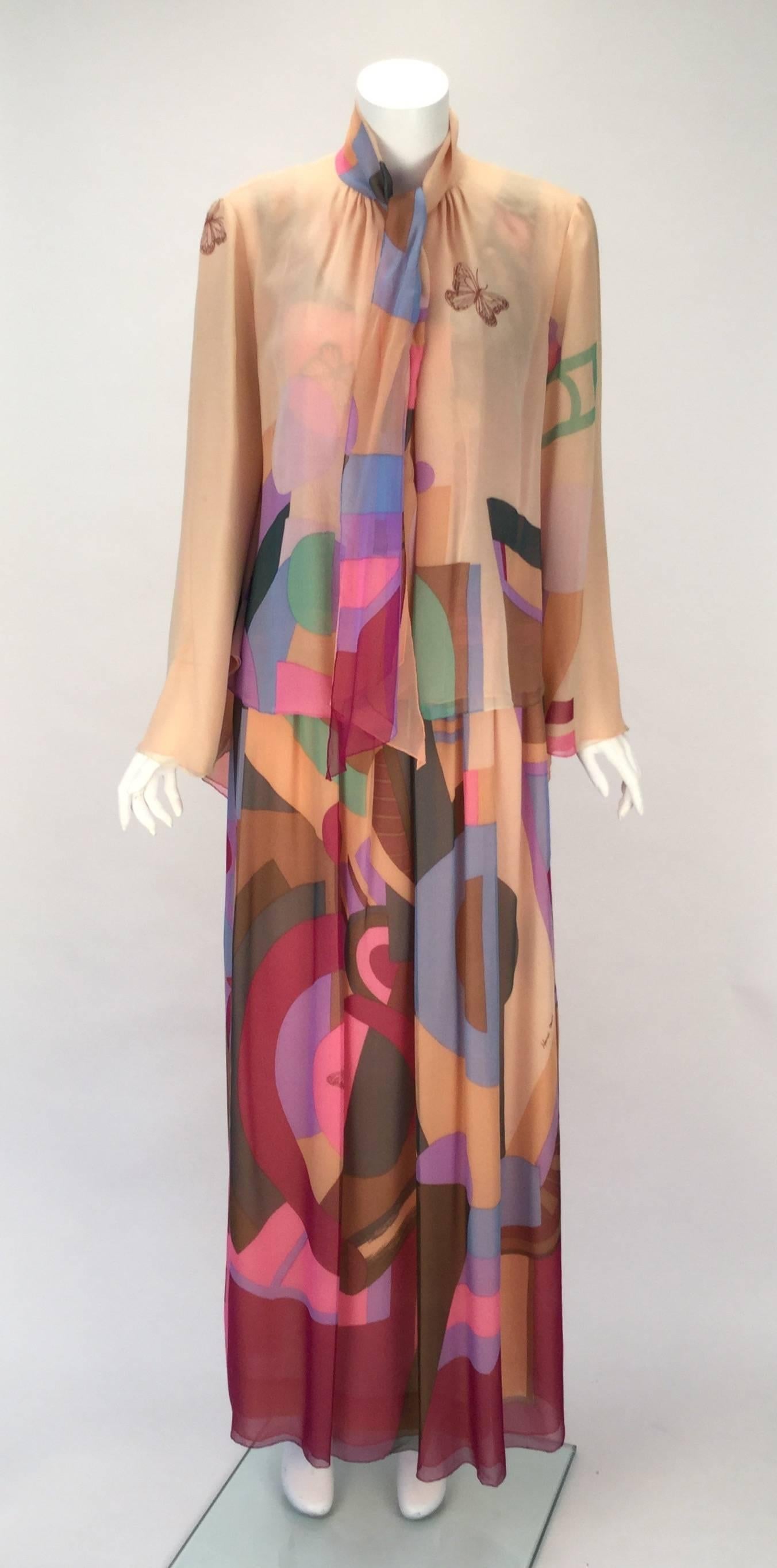 Brown 80s Hanae Mori Silk Multicolored Butterfly Print Three Piece Skirt Ensemble For Sale