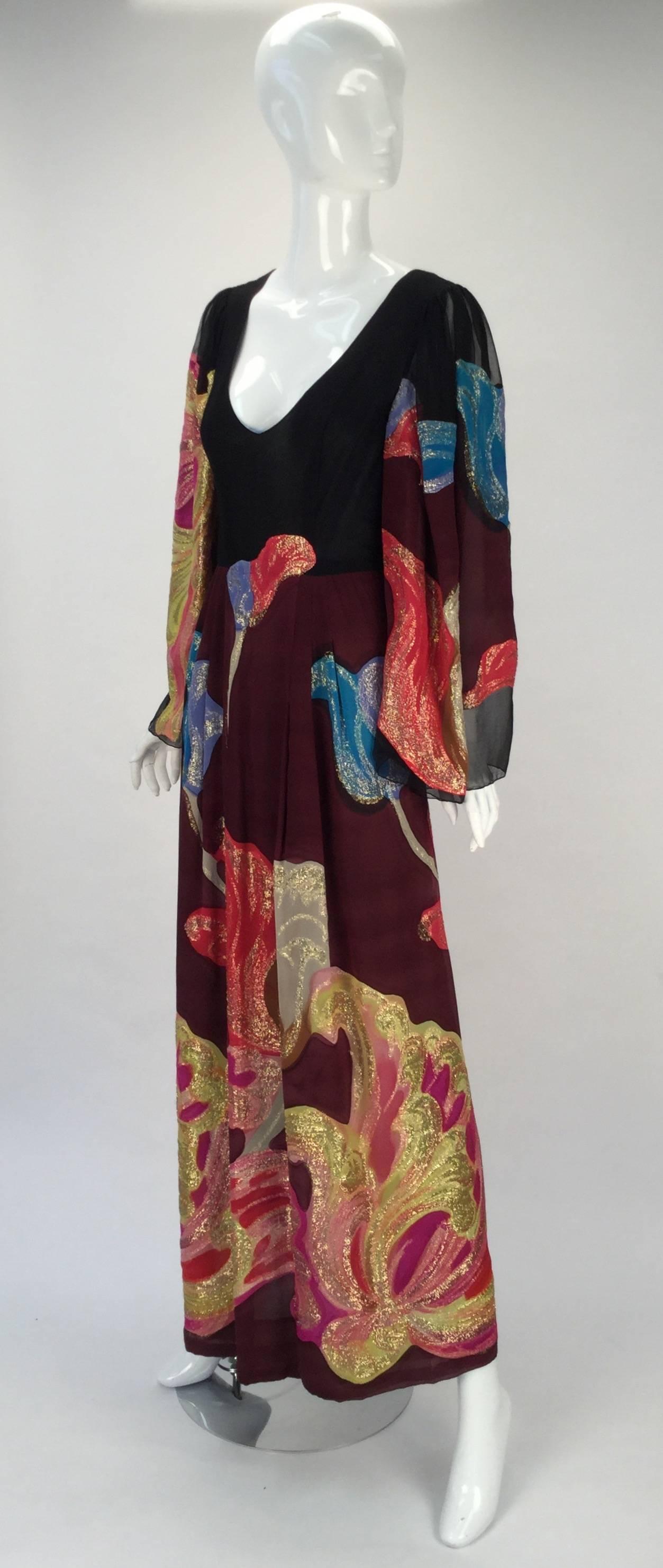 Black Pauline Trigere Silk Multicolored Metallic Evening Dress, 1970s  For Sale