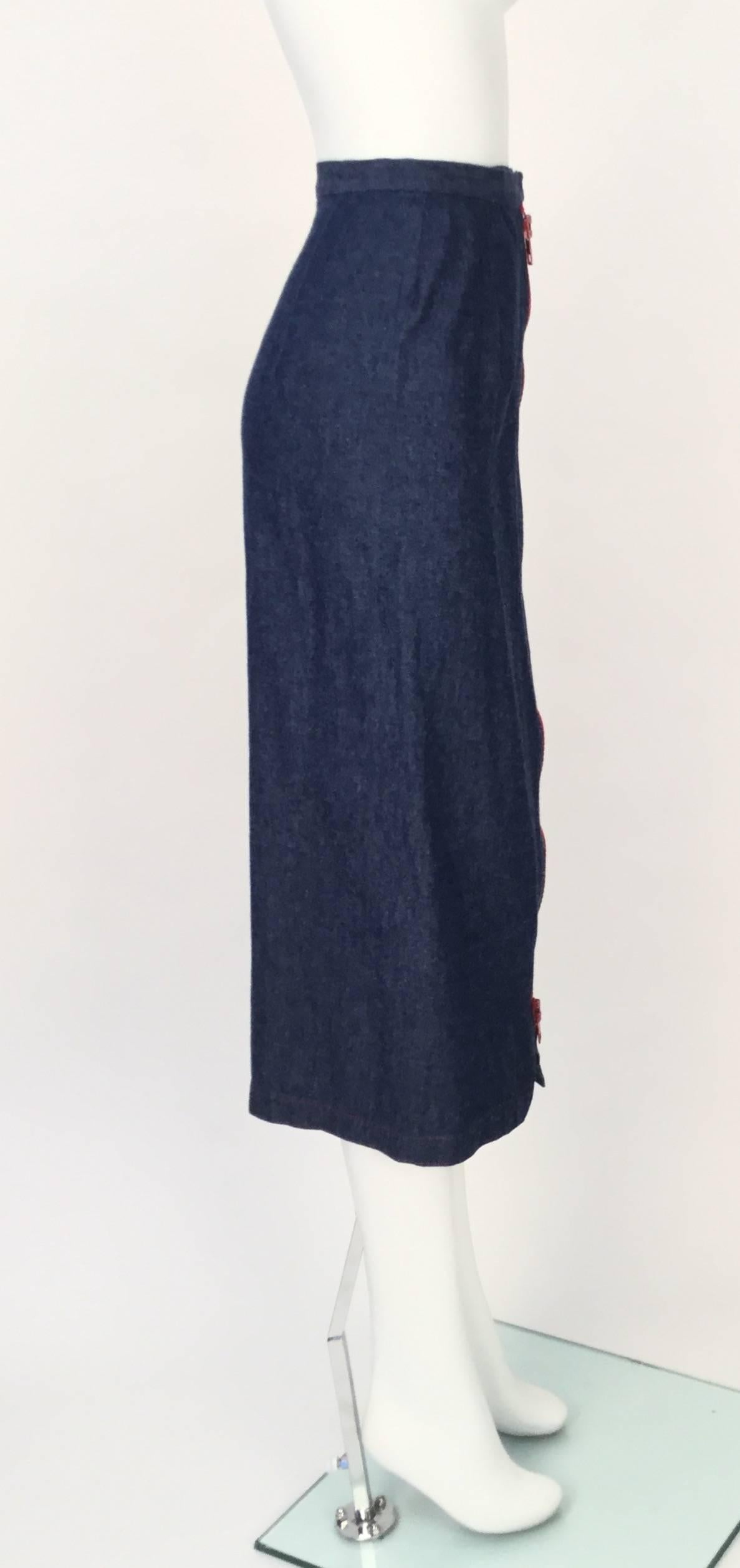 Black 1970s Geoffrey Beene Dark Wash Denim Midi Skirt  For Sale