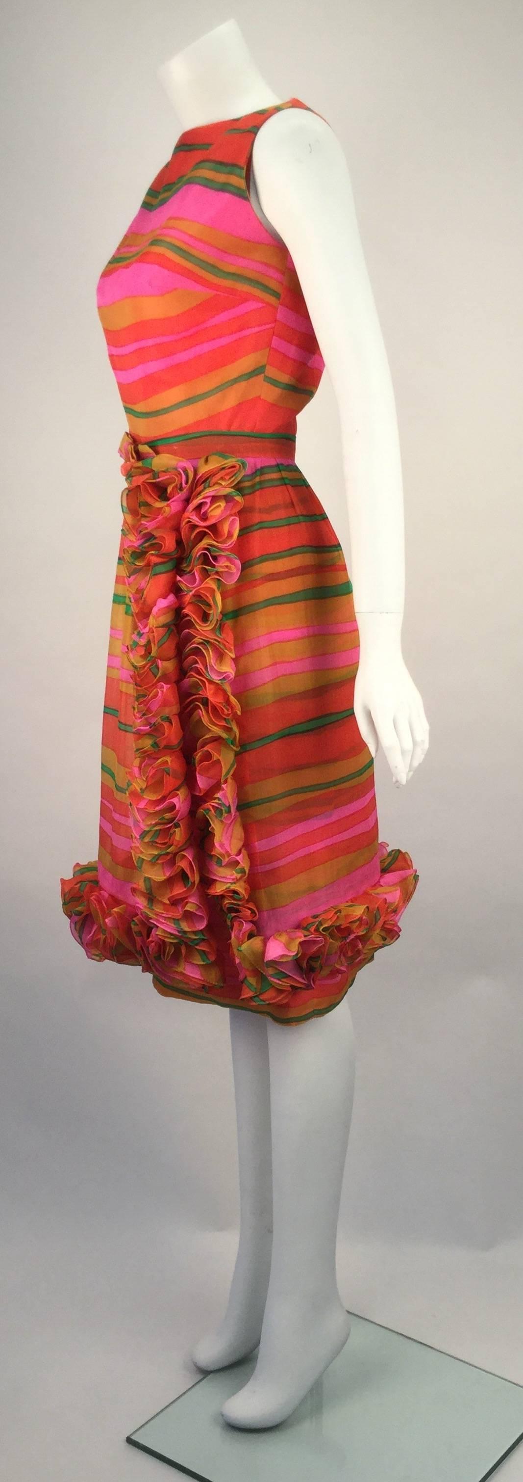 Red 1960s Bill Blass Multicolored Chiffon Striped day Dress  For Sale