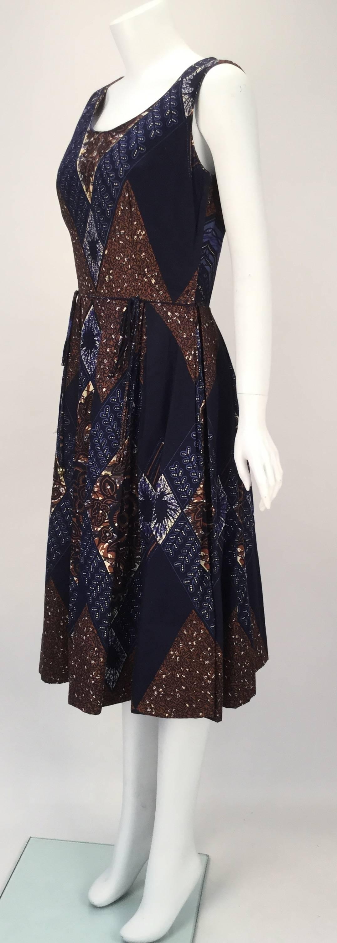 Black Ikat Blue and Brown Dress with Subtle Sequin Handwork, 1950s  For Sale