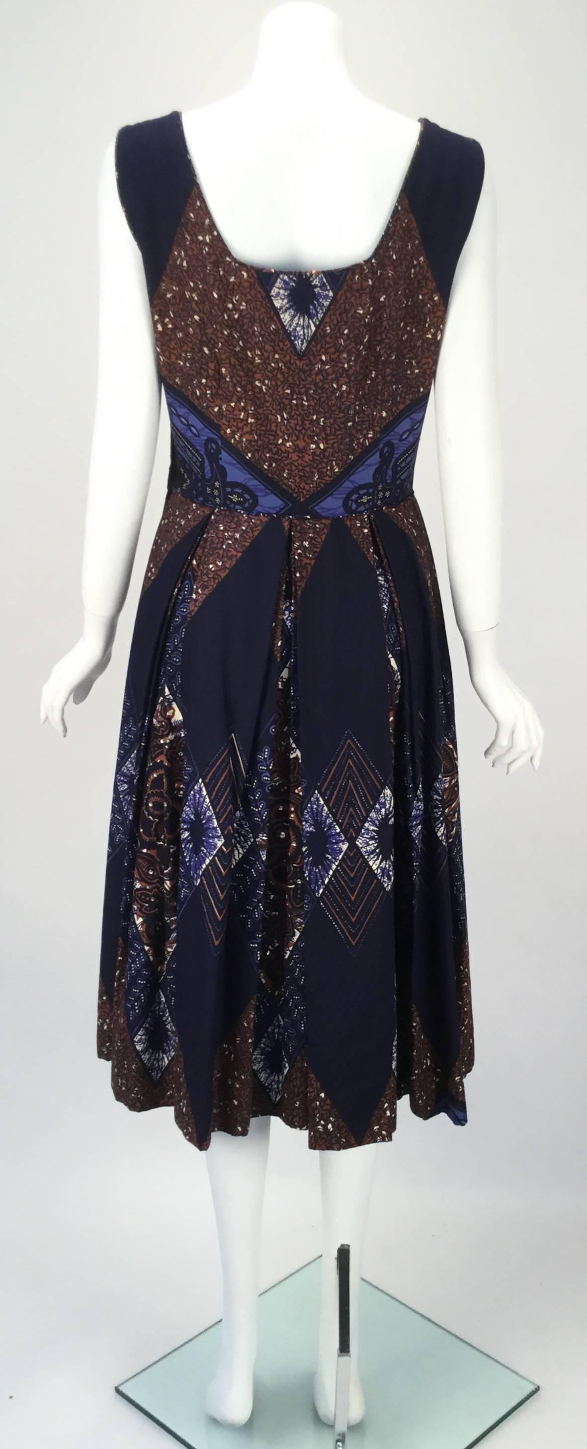 Ikat Blue and Brown Dress with Subtle Sequin Handwork, 1950s  In Excellent Condition For Sale In Houston, TX