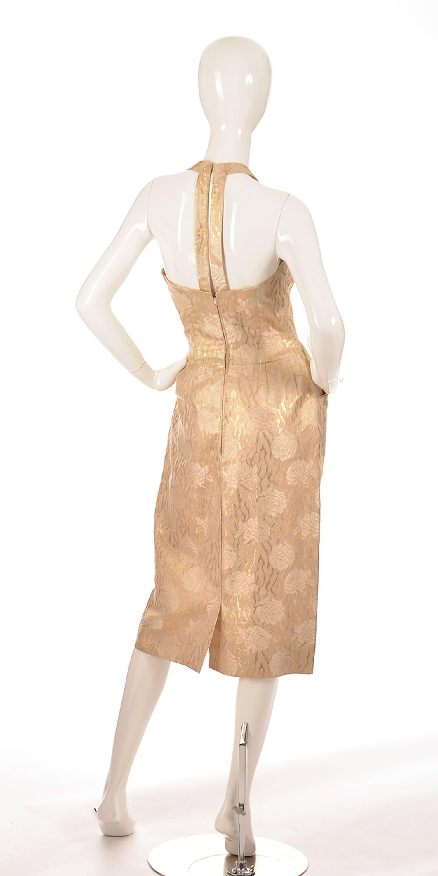 Mignon Gold Floral Racer Back Dress, Early 1960s  In Good Condition In Houston, TX