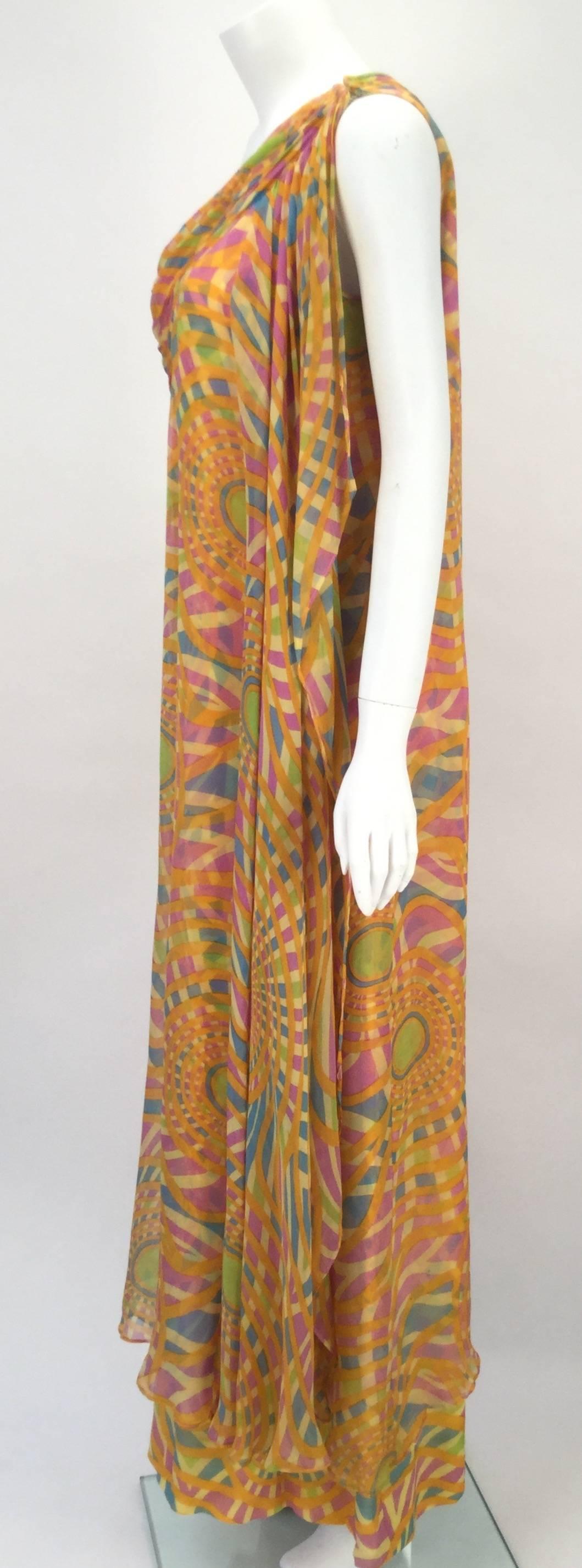 1970s Malcolm Starr Multicolor Chiffon One Shoulder Kaftan / Dress In Good Condition For Sale In Houston, TX