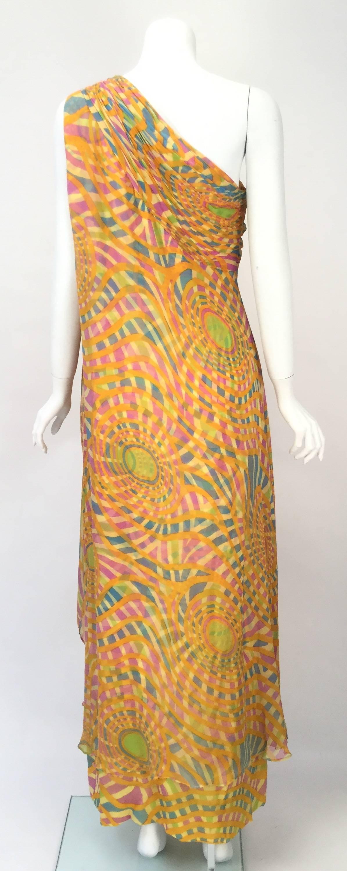 1970s Malcolm Starr Multicolor Chiffon One Shoulder Kaftan / Dress For Sale 1