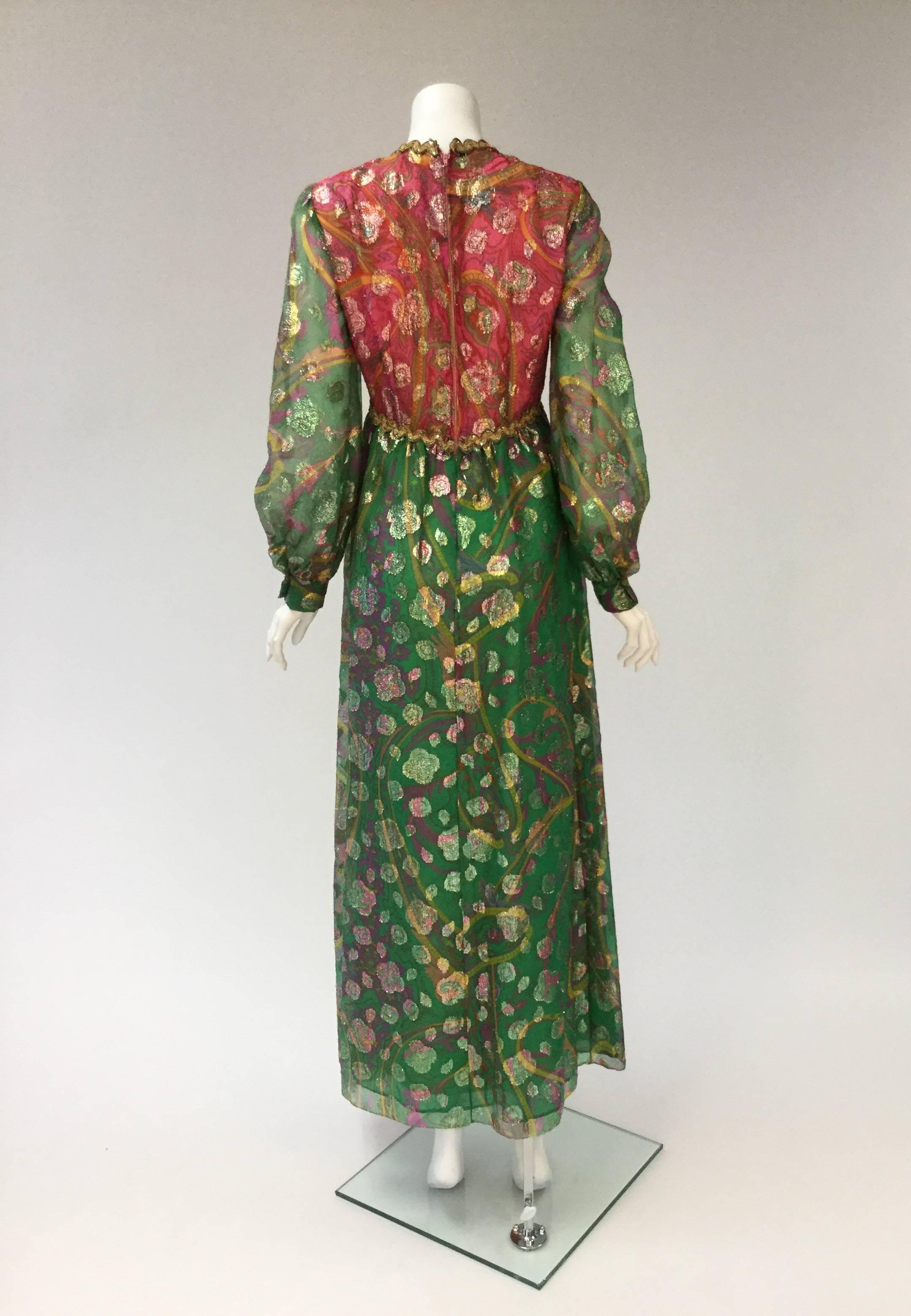 1960s Gino Charles Green and Pink Metallic Maxi Dress In Good Condition For Sale In Houston, TX