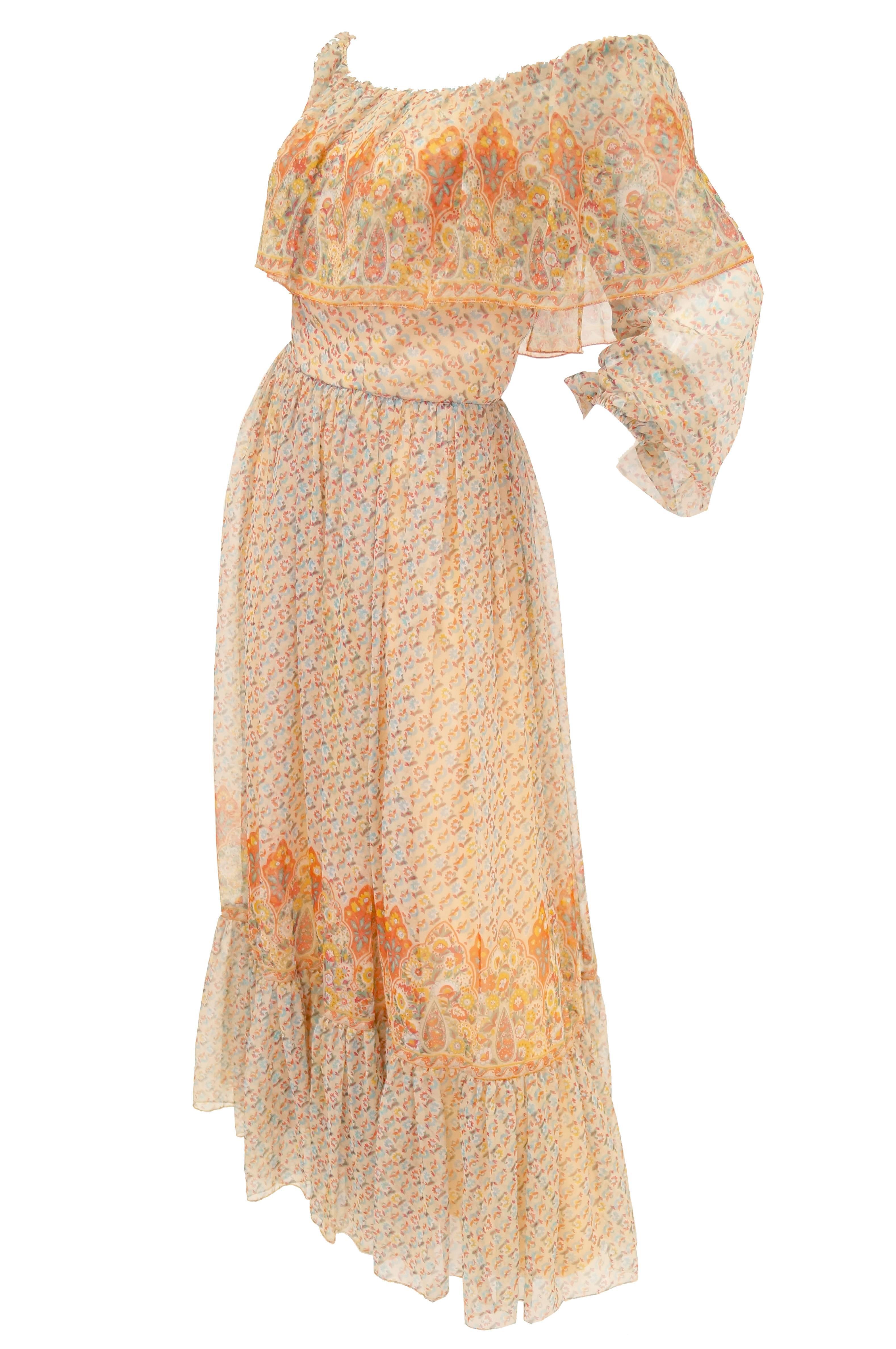 Beige 1970s Victor Costa Sheer Floral and Paisley Print Prairie Dress