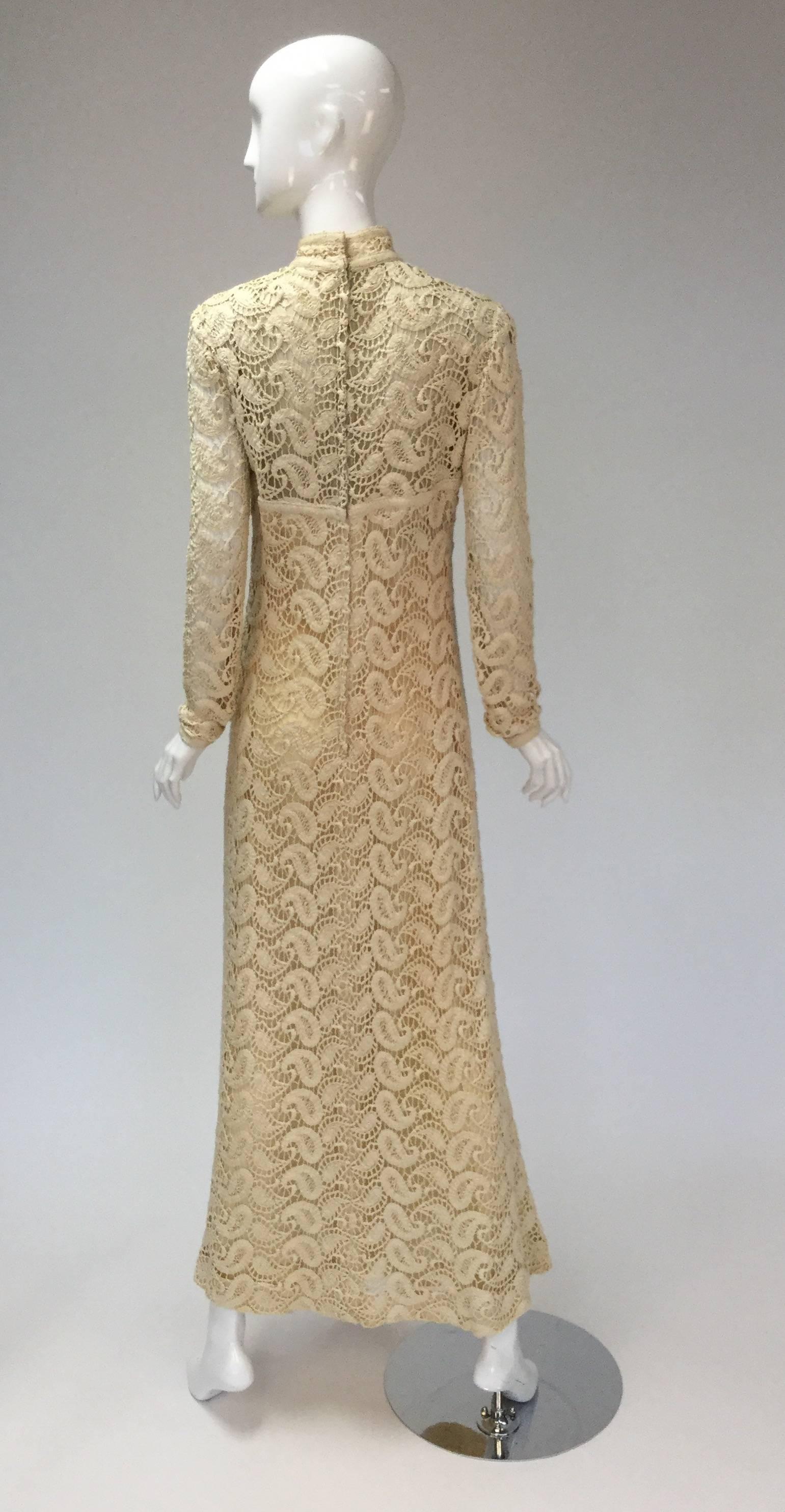Beige 1960s Fred Perlberg Original Ivory Crochet Paisley Dress