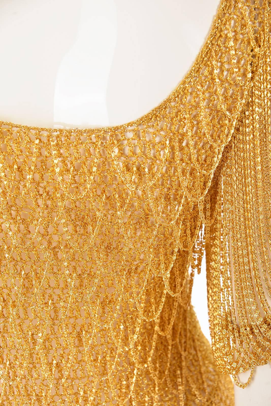 Brown 1970s Loris Azzaro Gold Beaded Knit Body Jewelry Sweater Blouse For Sale