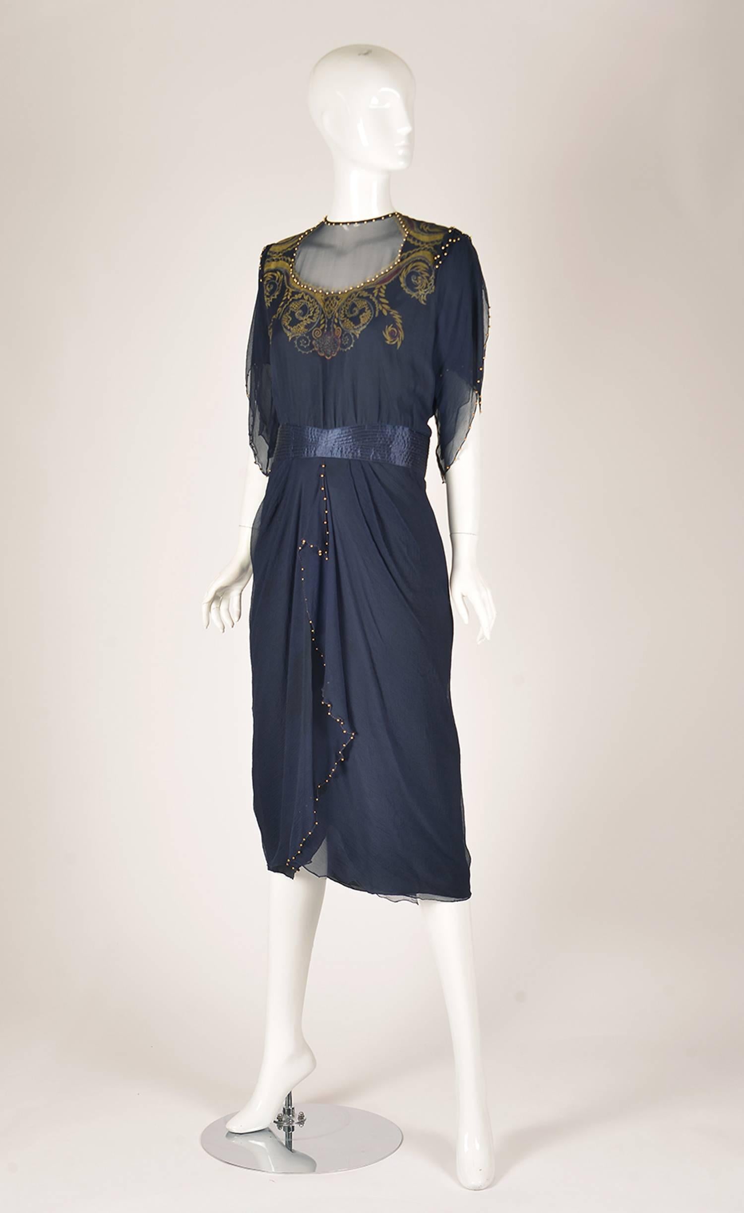 Black Zandra Rhodes Hand Beaded and Hand Painted Navy Silk Chiffon Dress, 1970s  For Sale