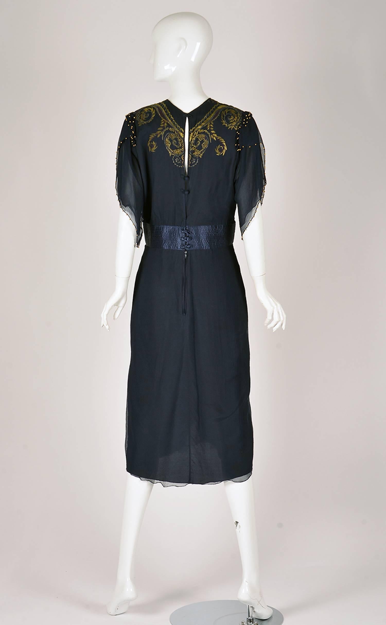 Zandra Rhodes Hand Beaded and Hand Painted Navy Silk Chiffon Dress, 1970s  In Excellent Condition For Sale In Houston, TX