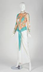 Bob Mackie - Robe longue en maille pailletée couleur chair et blanche, années 1980