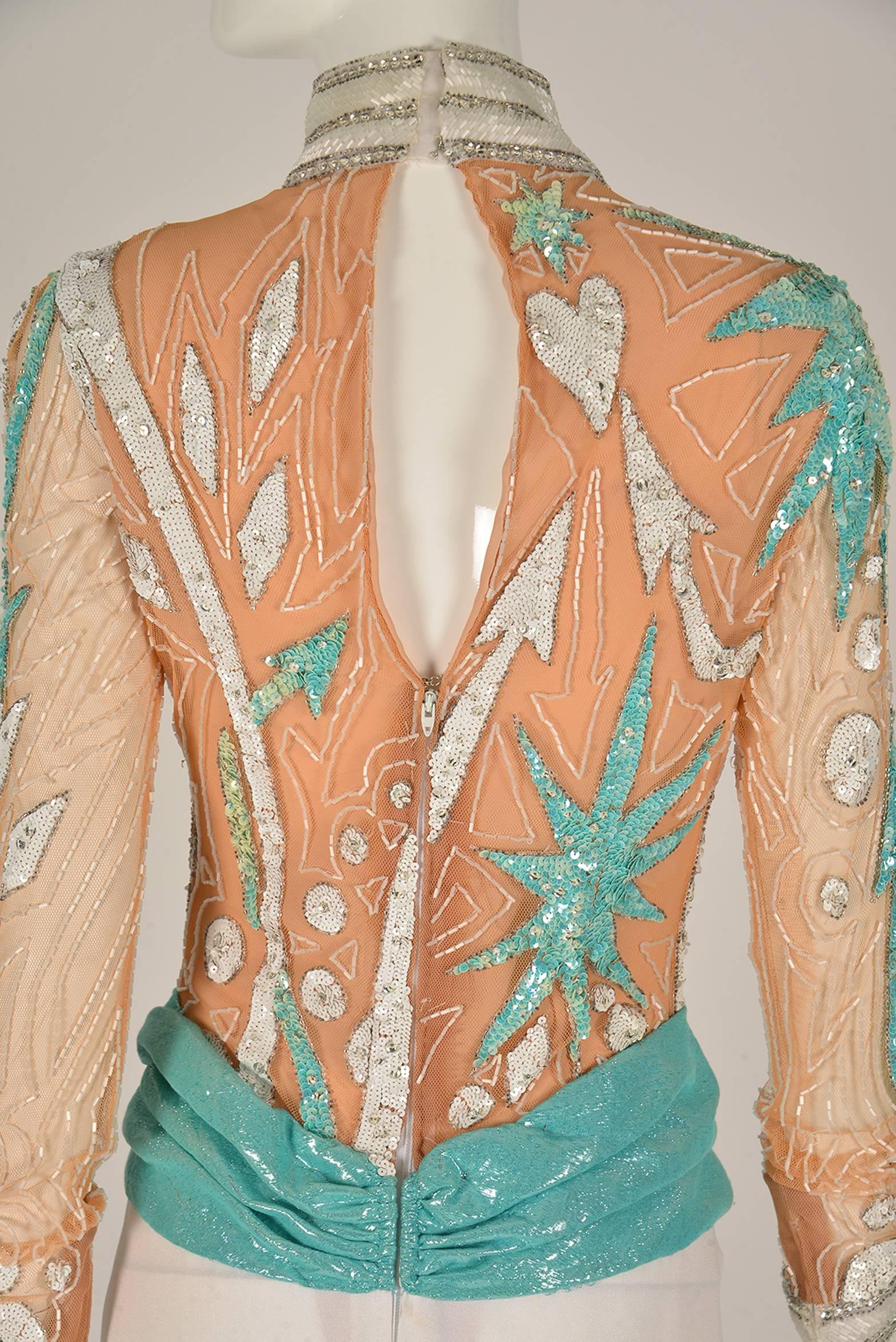 Women's 1980s Bob Mackie Sequined Nude Mesh and White Long Gown For Sale