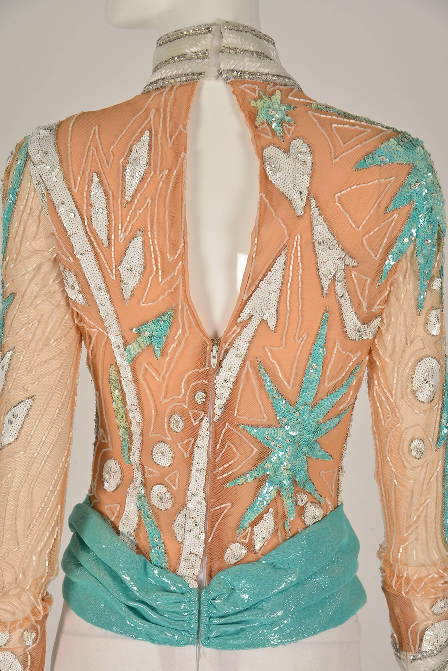 Women's 1980s Bob Mackie Sequined Nude Mesh and White Long Gown For Sale