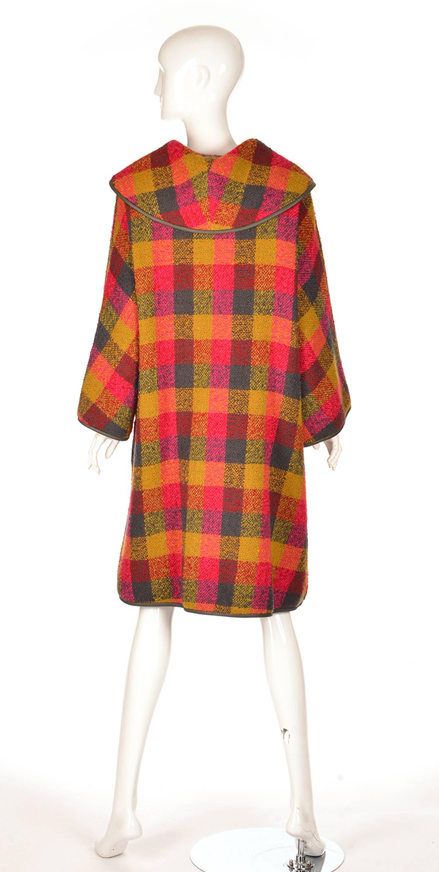 Rare 1950's Bonnie Cashin Wool and Leather Plaid Coat In Excellent Condition In Houston, TX