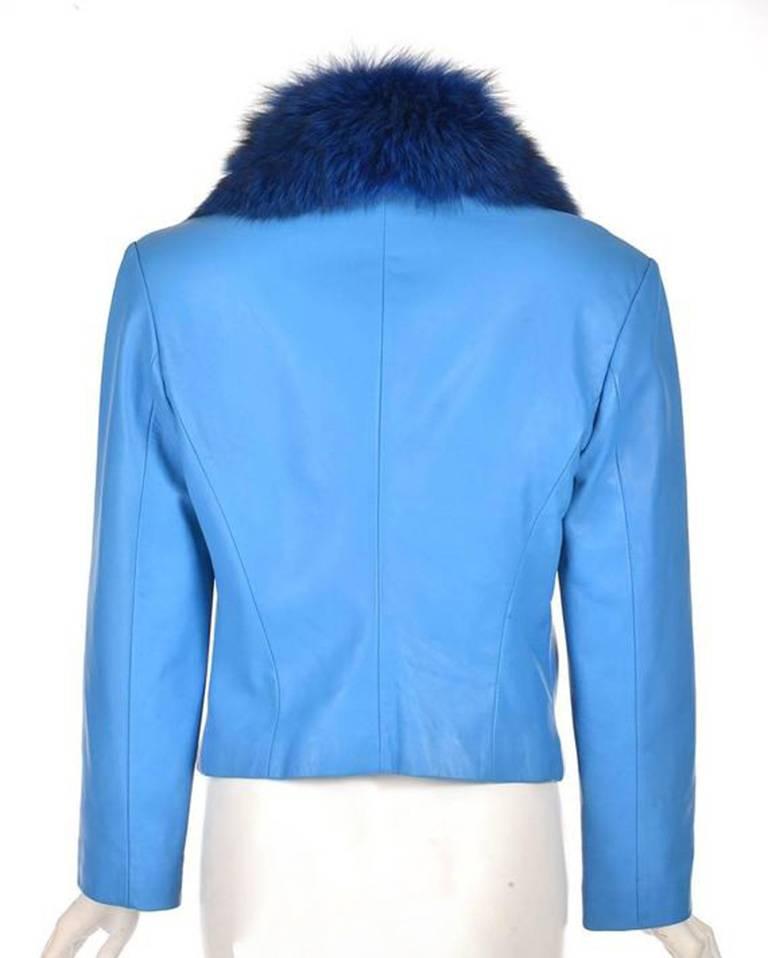 1990s Michael Hoban Blue Leather and Fox Fur Jacket In Excellent Condition For Sale In Houston, TX