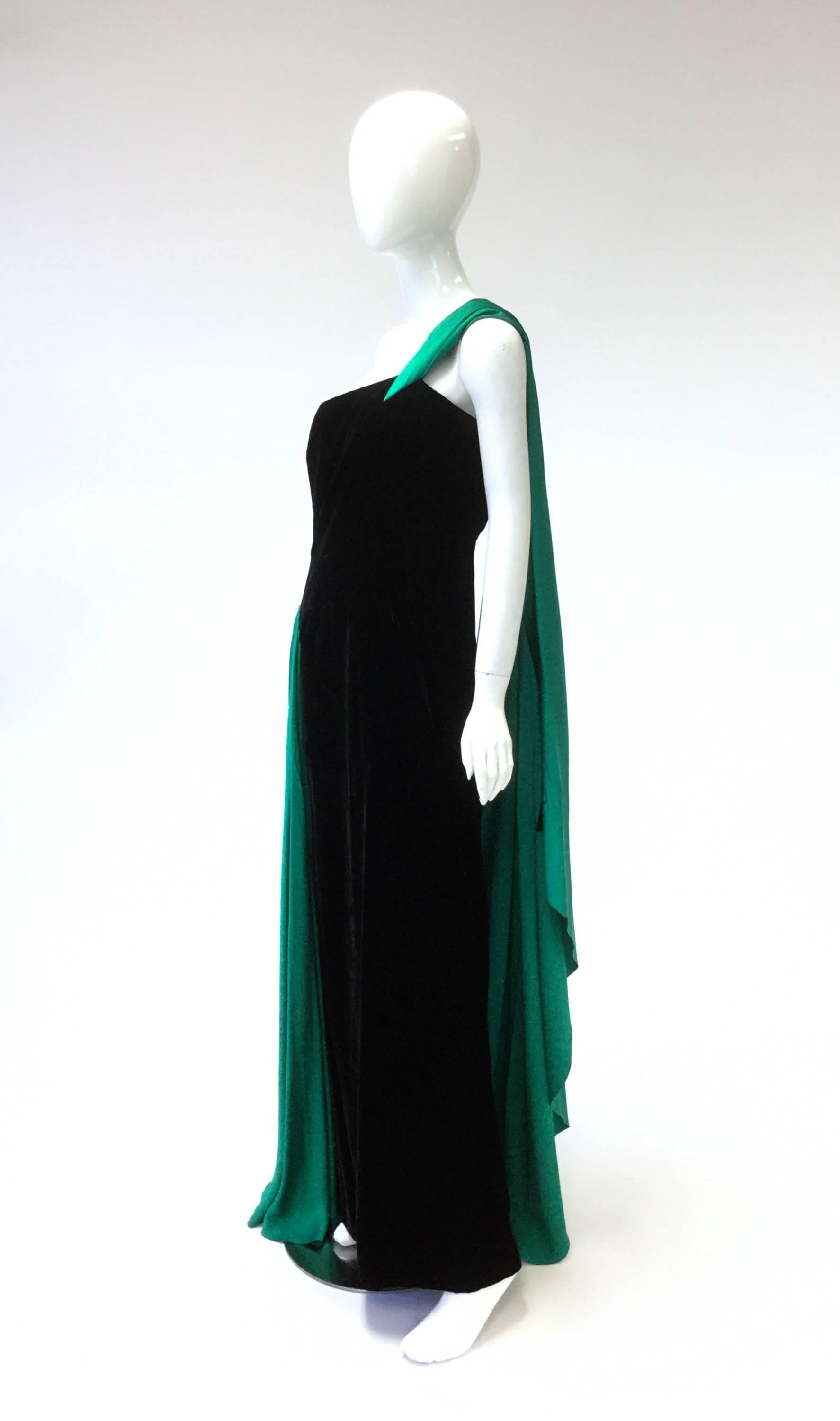 1980s Jacqueline de Ribes Green Silk and Black Velvet French Evening Gown 1