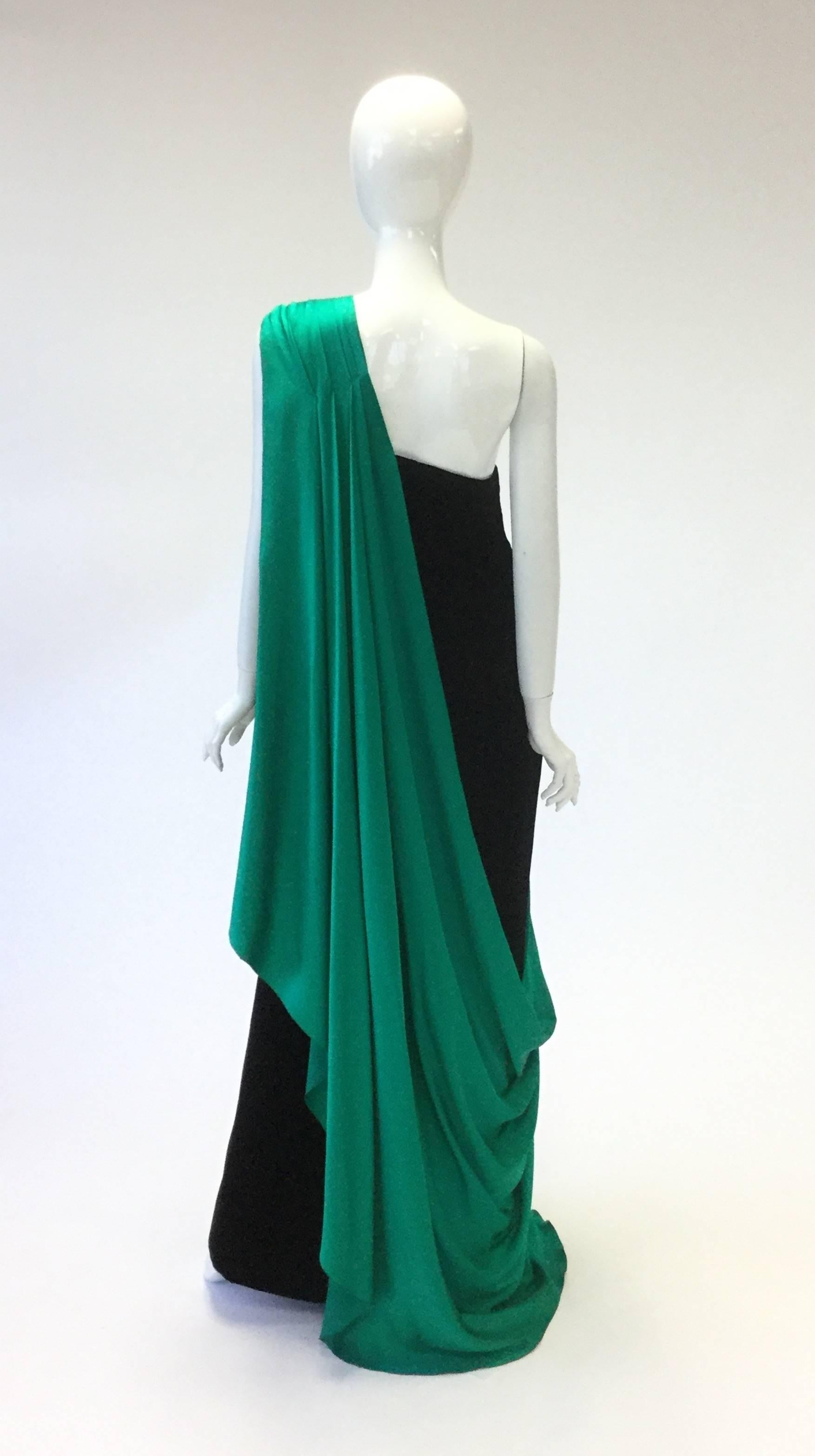 1980s Jacqueline de Ribes Green Silk and Black Velvet French Evening Gown In Good Condition In Houston, TX