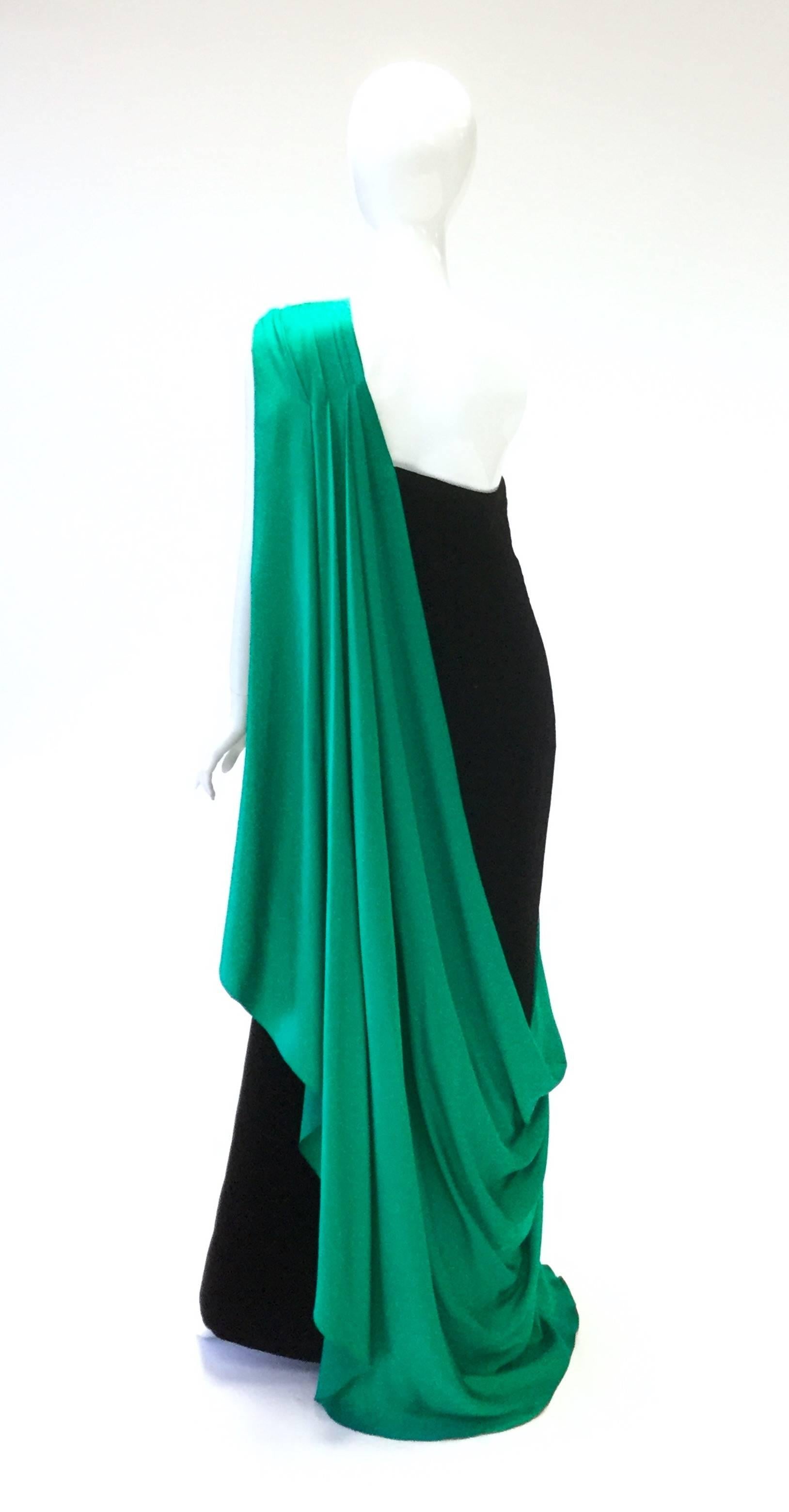 1980s Jacqueline de Ribes Green Silk and Black Velvet French Evening Gown 2