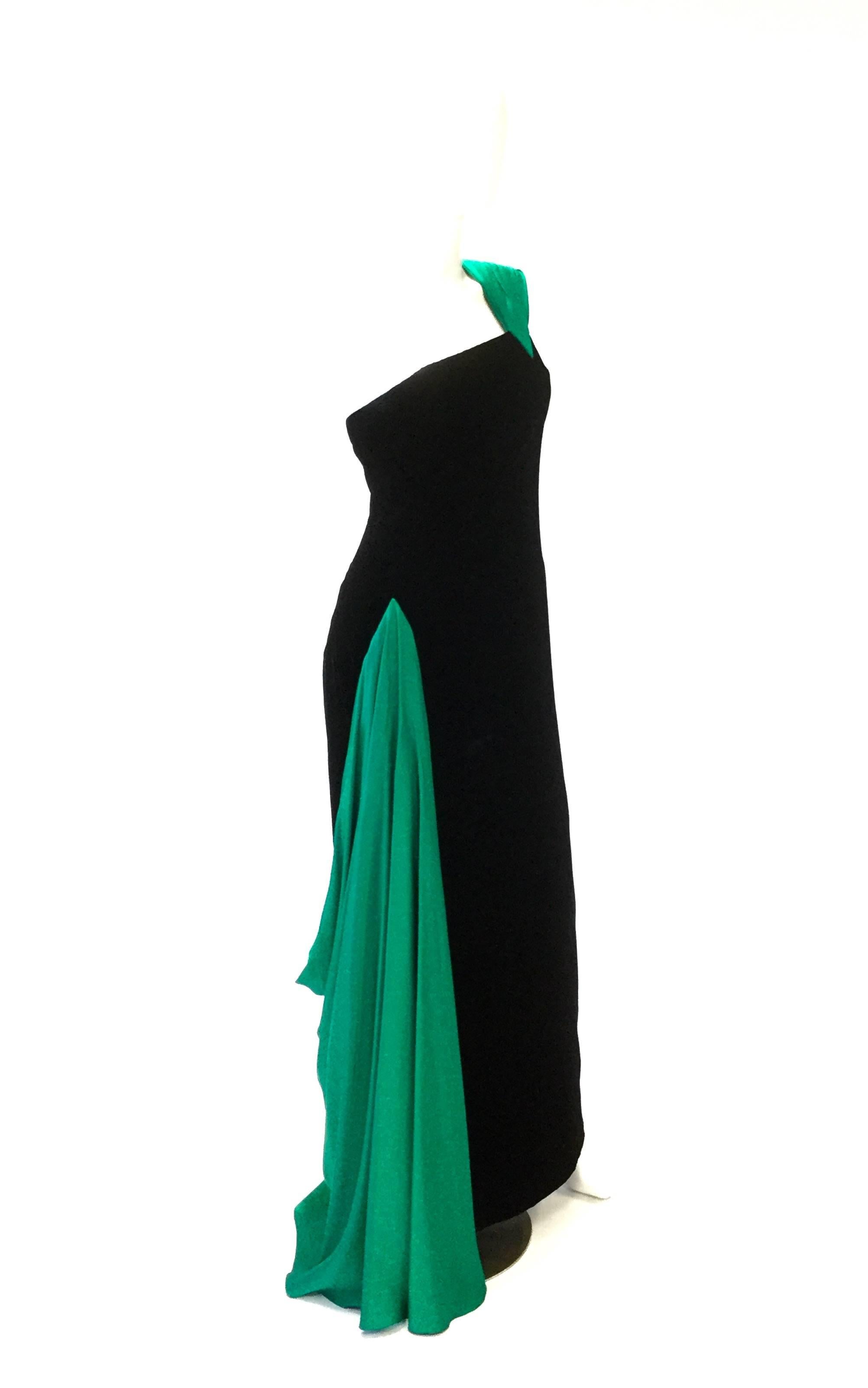 1980s Jacqueline de Ribes Green Silk and Black Velvet French Evening Gown 3