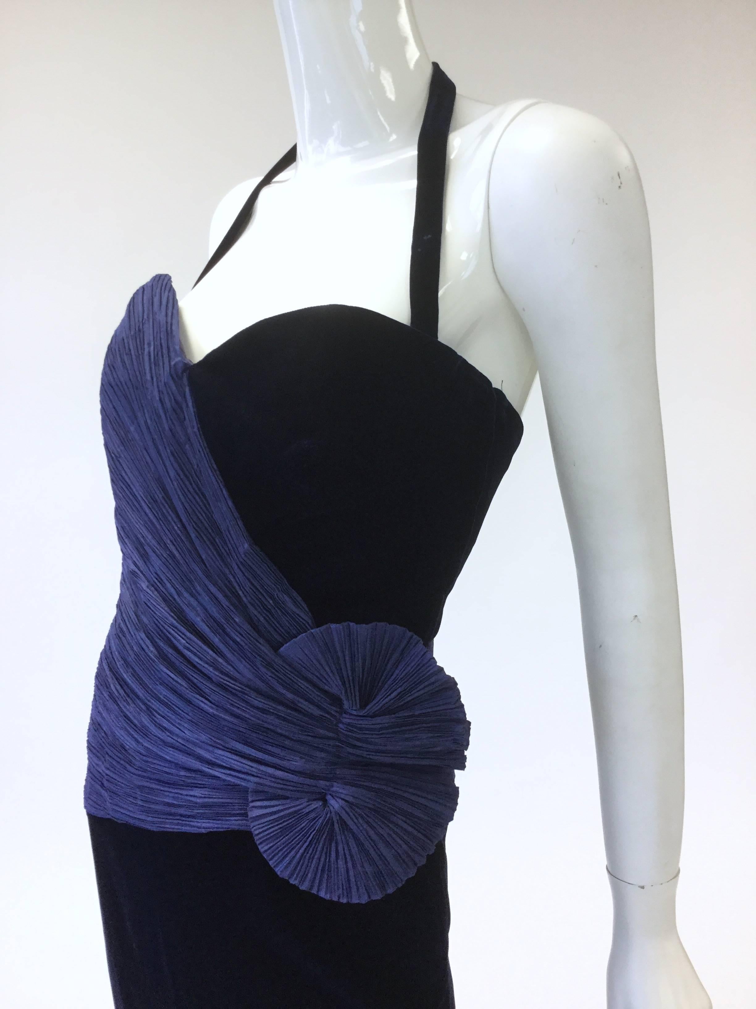Women's 1980s Murray Arbeid Signature Blue Taffeta and Black Velvet Evening Gown For Sale