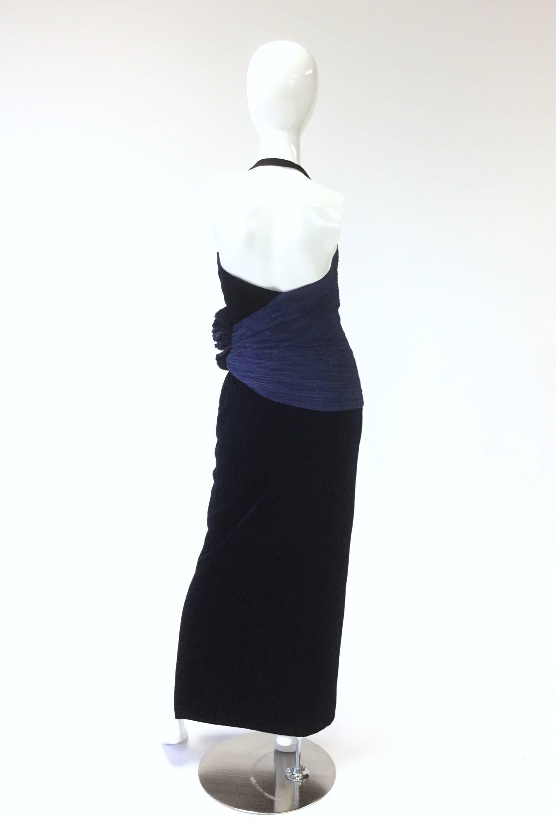 1980s Murray Arbeid Signature Blue Taffeta and Black Velvet Evening Gown For Sale 1