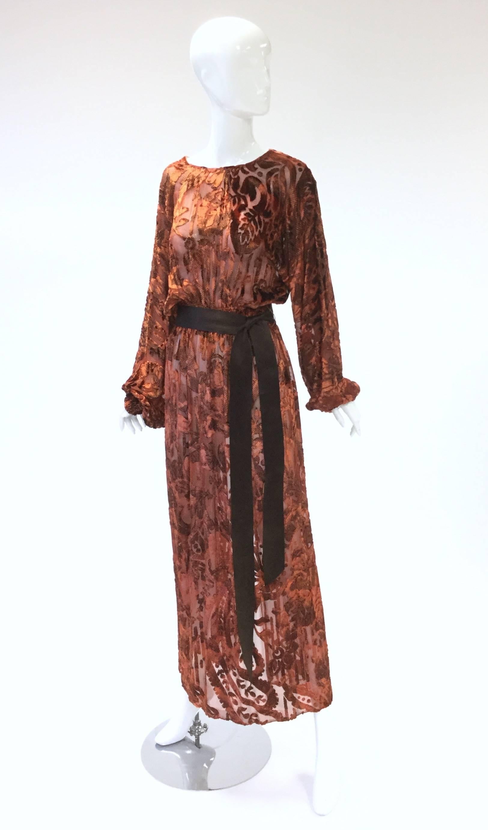 Burnt Golden Brown Silk Burn Out Vintage Velvet Long dress, 1970s  In Excellent Condition In Houston, TX