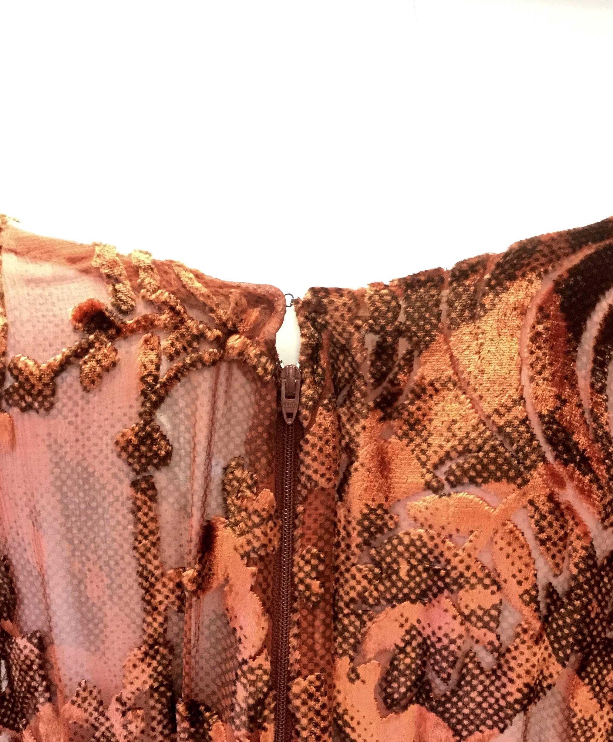 Burnt Golden Brown Silk Burn Out Vintage Velvet Long dress, 1970s  1