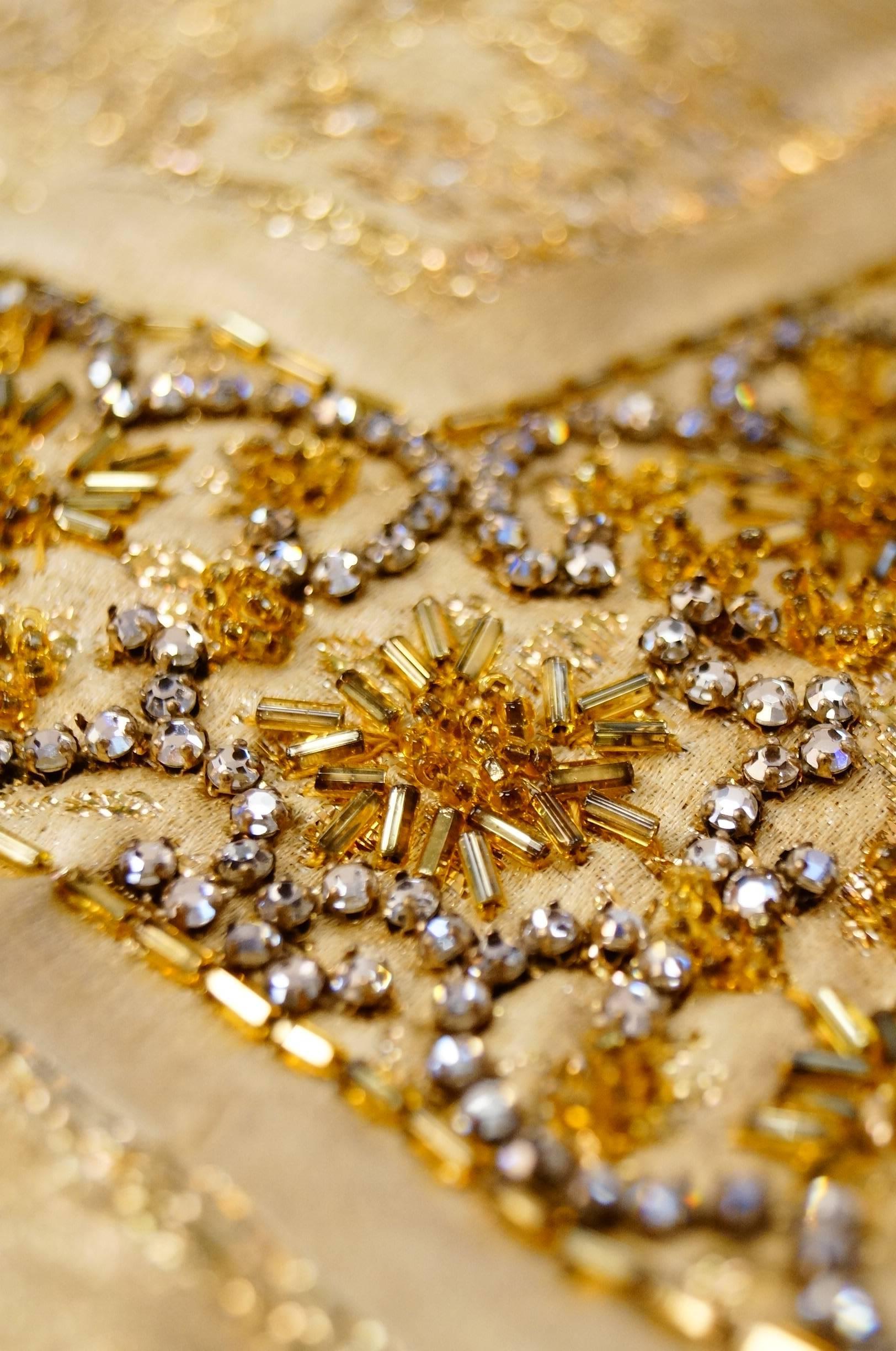 Women's Asian Print Gold Lame Brocade Gown, 1960s For Sale
