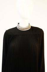 1960s Teal Traina Black Pleated Dress with Rhinestone Collar and Cuffs