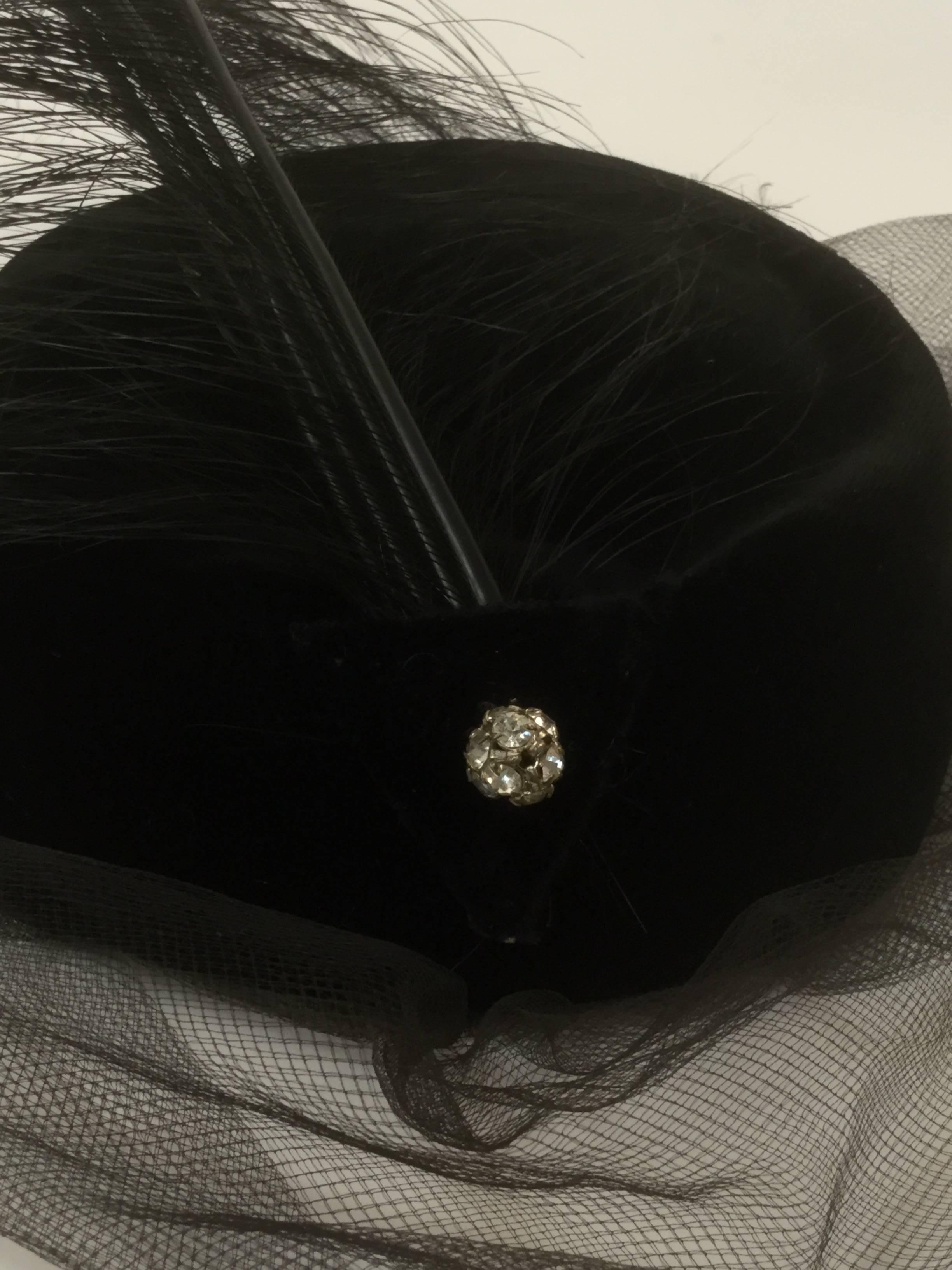 Gray 1950s Miss Sally Victor Velvet Rhinestone Feather Pillbox Hat For Sale