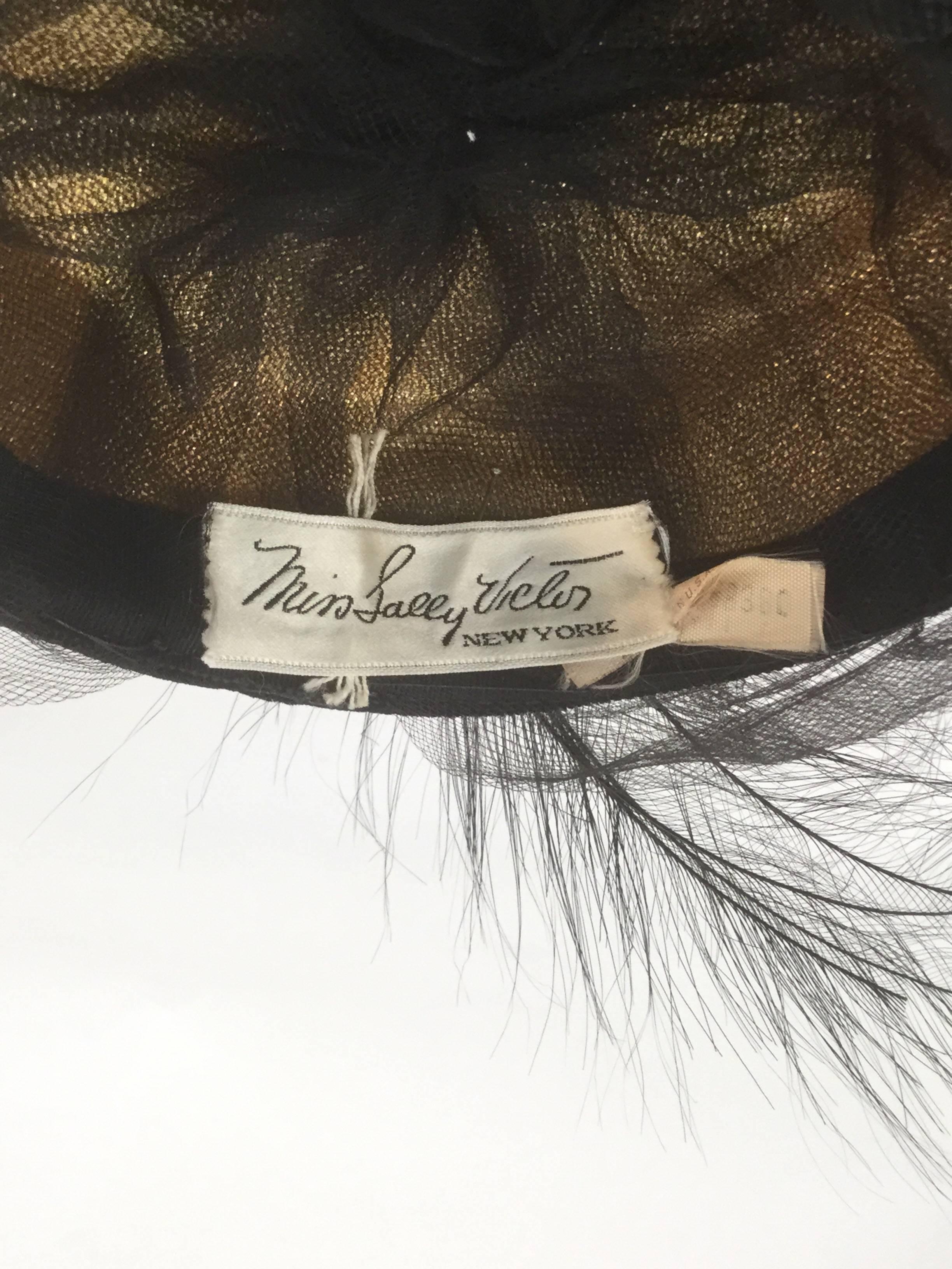1950s Miss Sally Victor Velvet Rhinestone Feather Pillbox Hat In Excellent Condition For Sale In Houston, TX