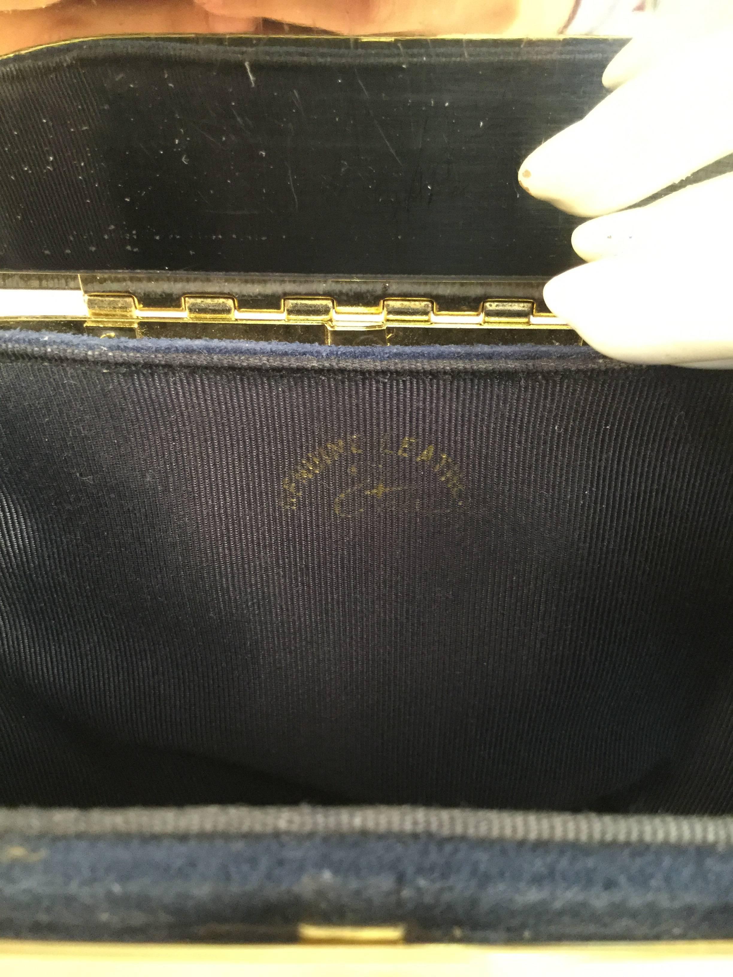 Black 1960s Handbag Navy Blue Suede and Gold Cage Box Purse
