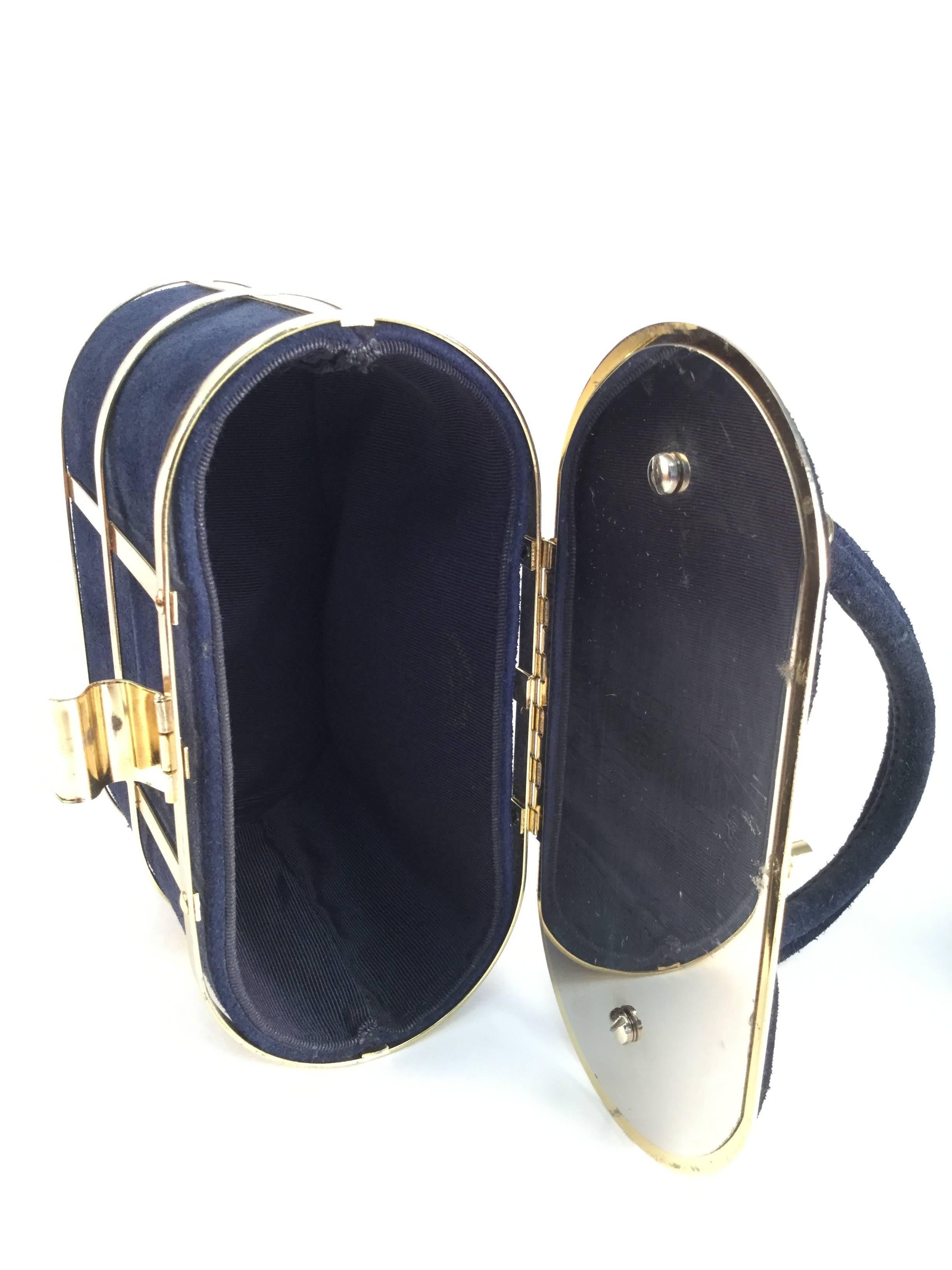 1960s Handbag Navy Blue Suede and Gold Cage Box Purse In Excellent Condition In Houston, TX